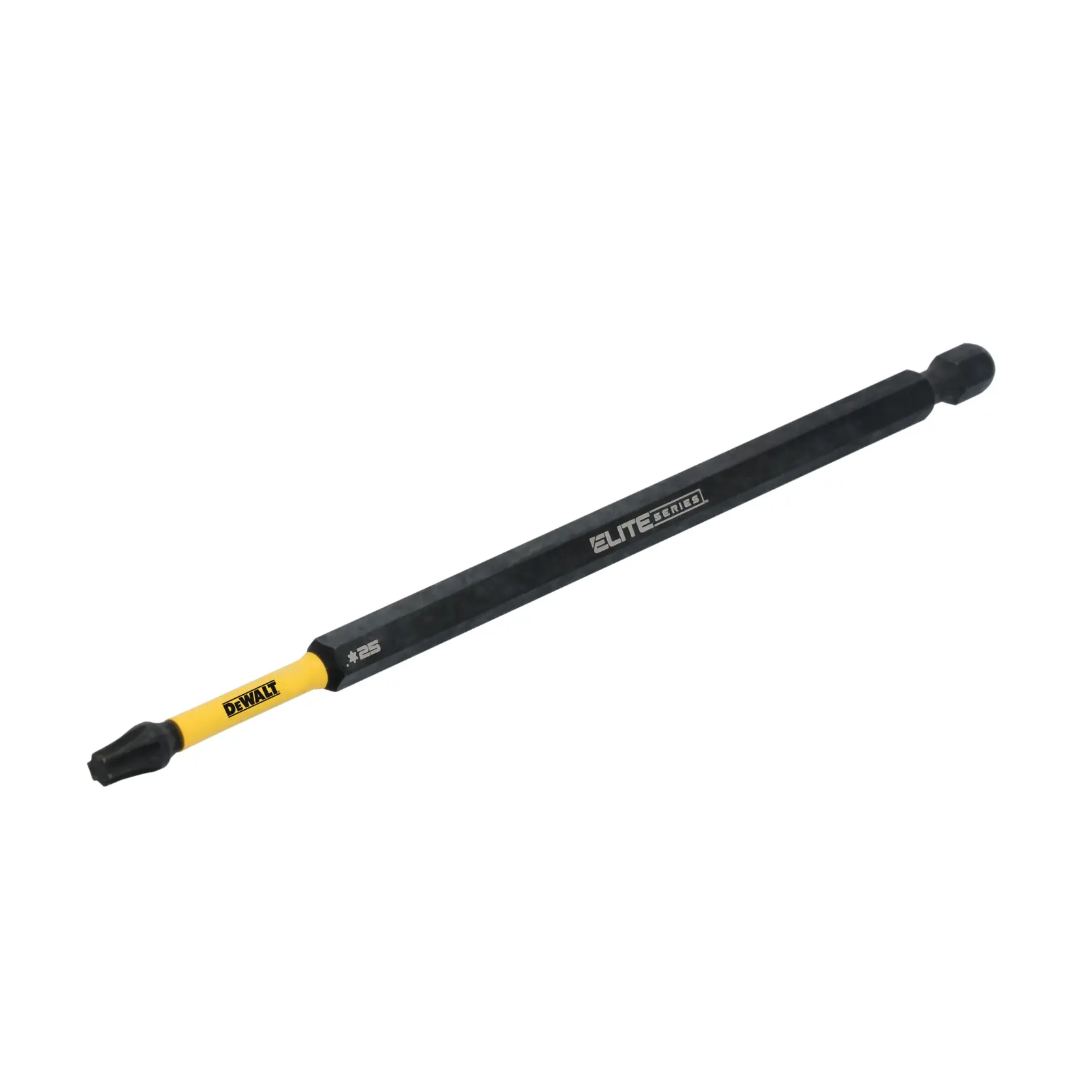 A DEWALT Elite Series long screwdriver bit with a yellow and black design, featuring a Torx head and hexagonal shank.