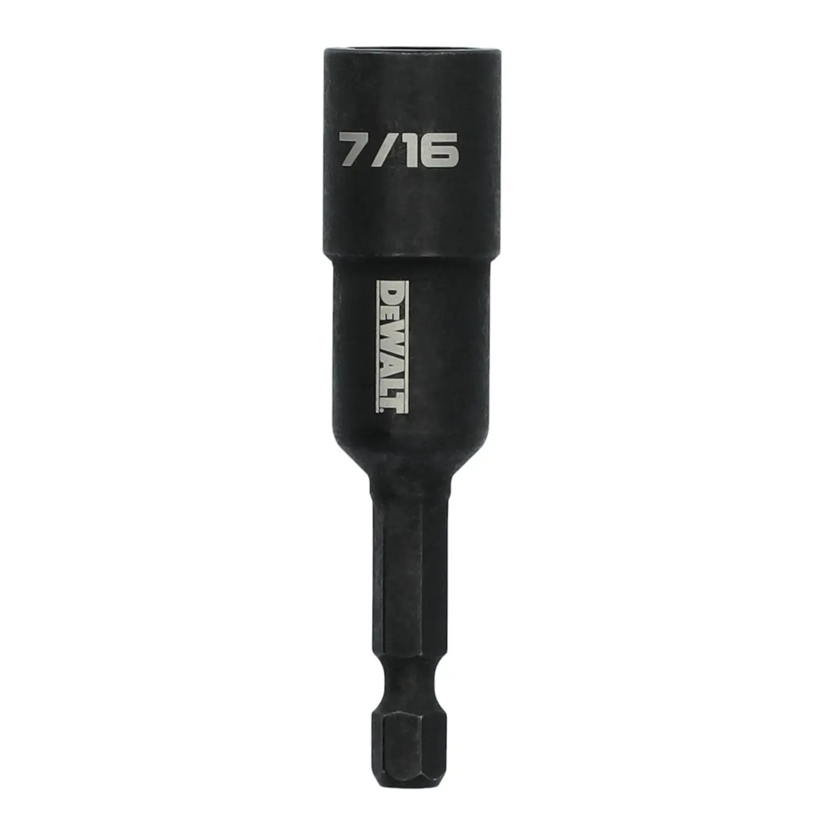A DEWALT 7/16 inch magnetic nut driver bit with a hex shank, designed for use with drills and impact drivers.