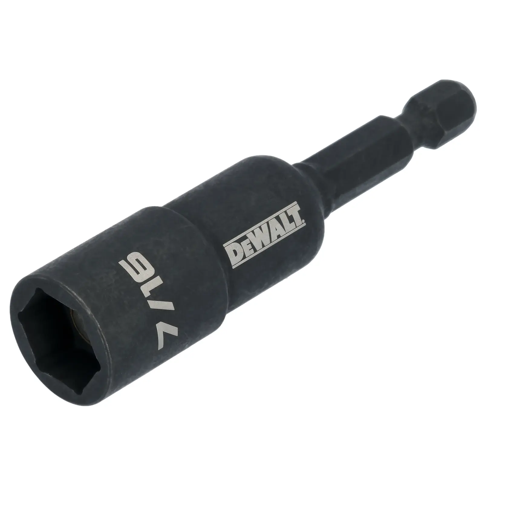 A DEWALT 7/16 inch hex magnetic nut driver drill bit with a black finish, designed for use with power tools.