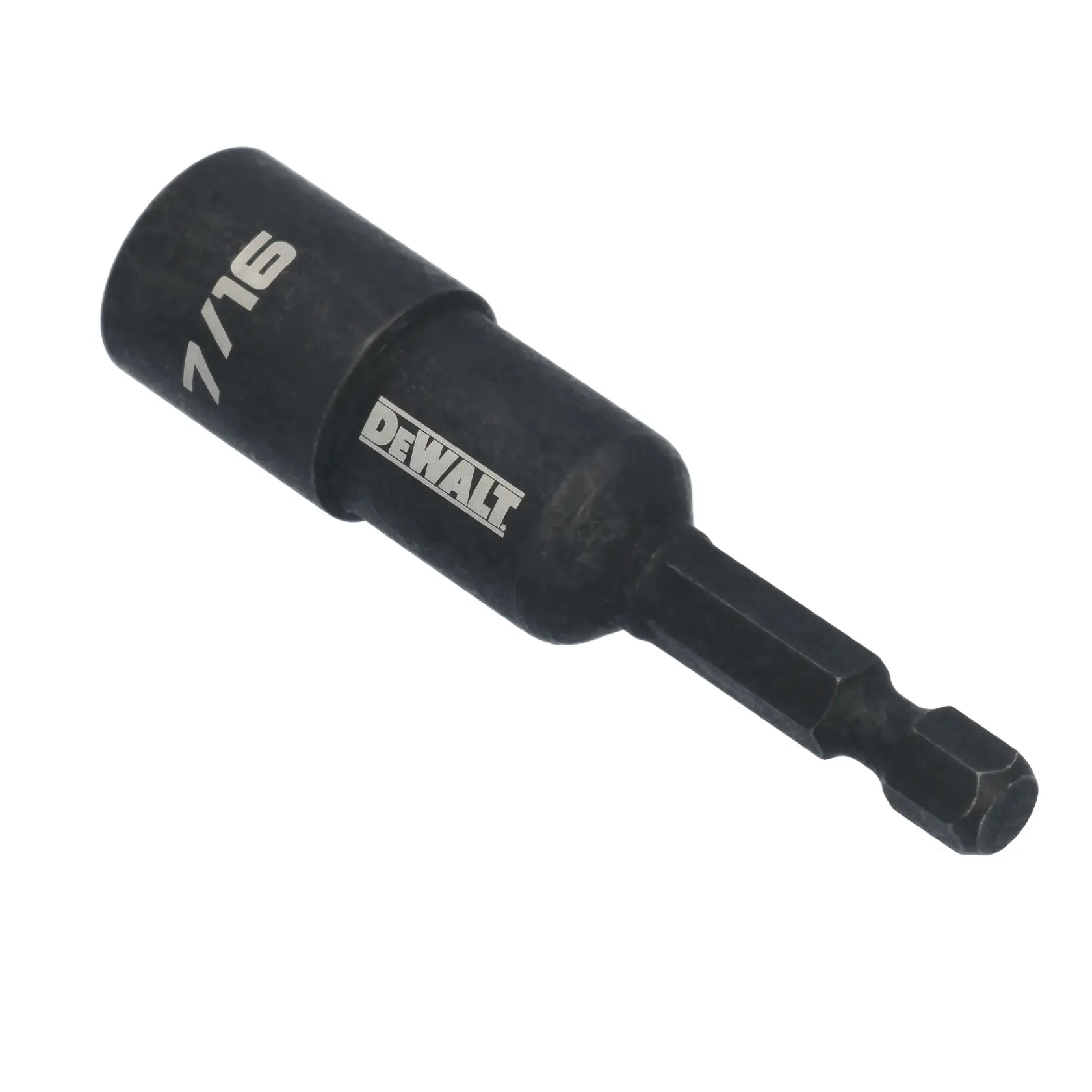 A DEWALT branded 7/16 inch hex socket driver with a black finish, used for driving fasteners and compatible with power tools.