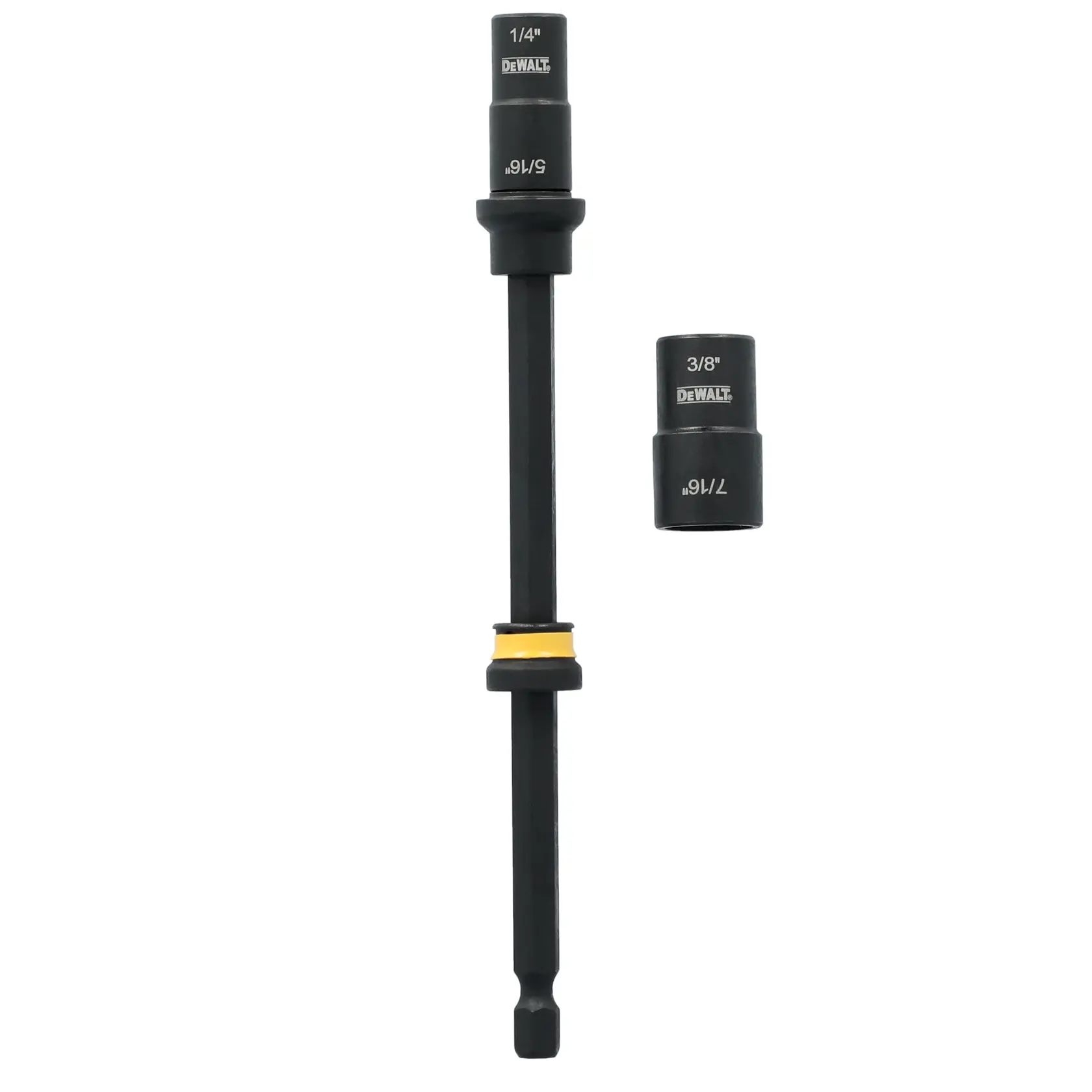 A DEWALT branded nut driver extension set, including a long black magnetic extension shaft with interchangeable magnetic nut driver sockets in 1/4 inch and 3/8 inch sizes, as well as additional labeled socket heads.