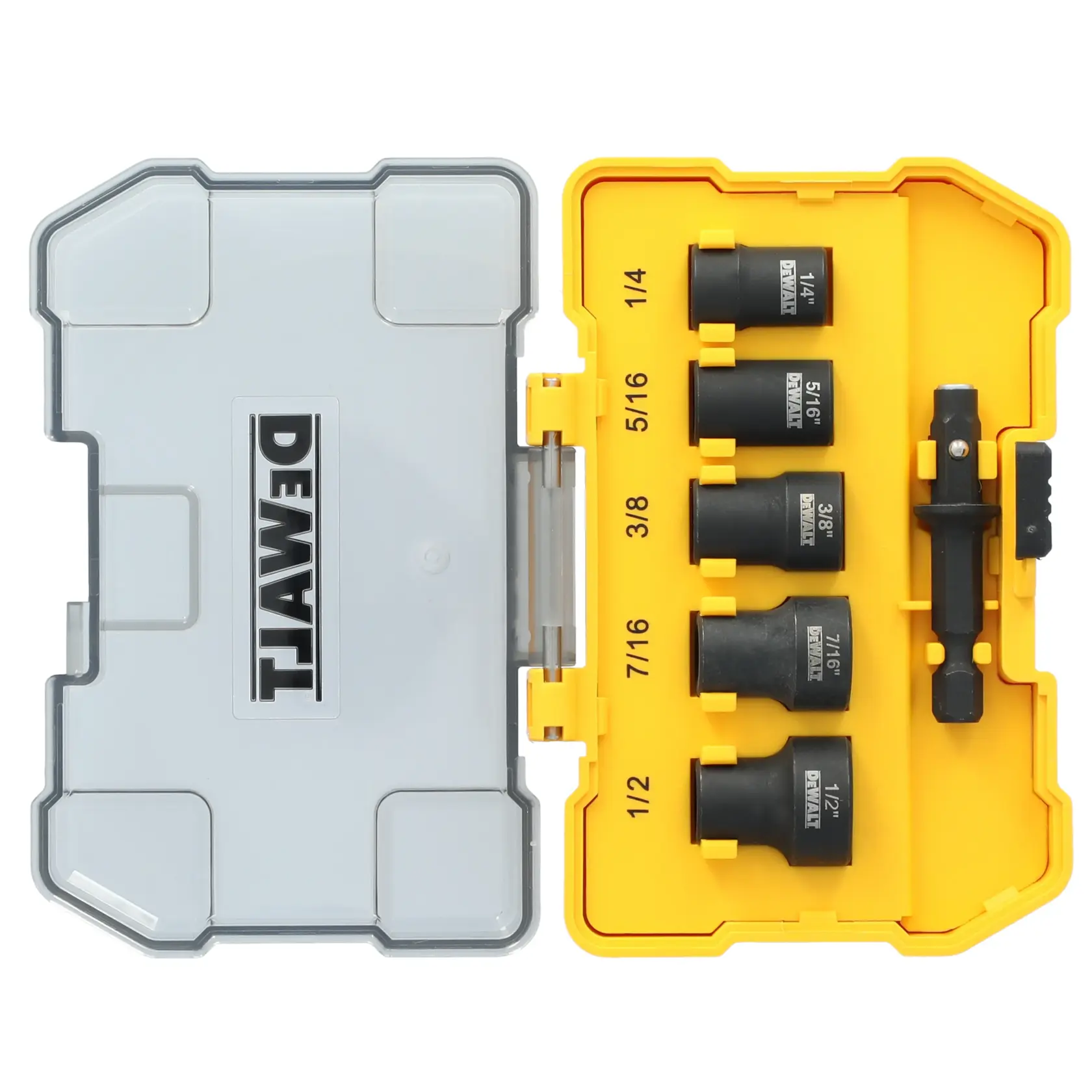 A DEWALT branded socket set in a yellow and clear plastic case. The set includes five black sockets of different sizes (1/4, 5/16, 3/8, 7/16, and 1/2 inch) and a drive adapter, all neatly arranged in the case.