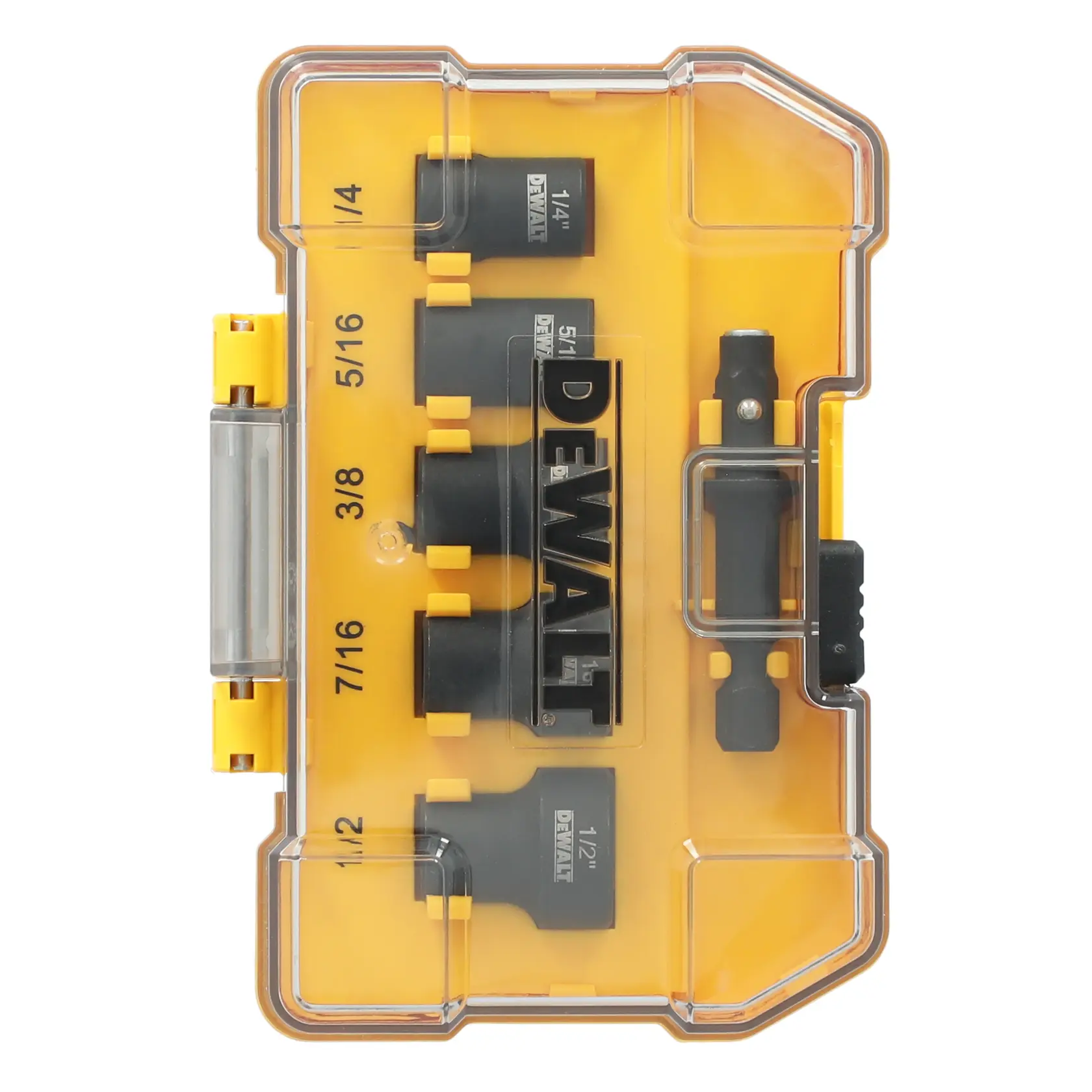 A DEWALT socket adapter set in a transparent yellow plastic case. The set contains six black socket adapters of various sizes and a bit holder, all organized in individual slots.