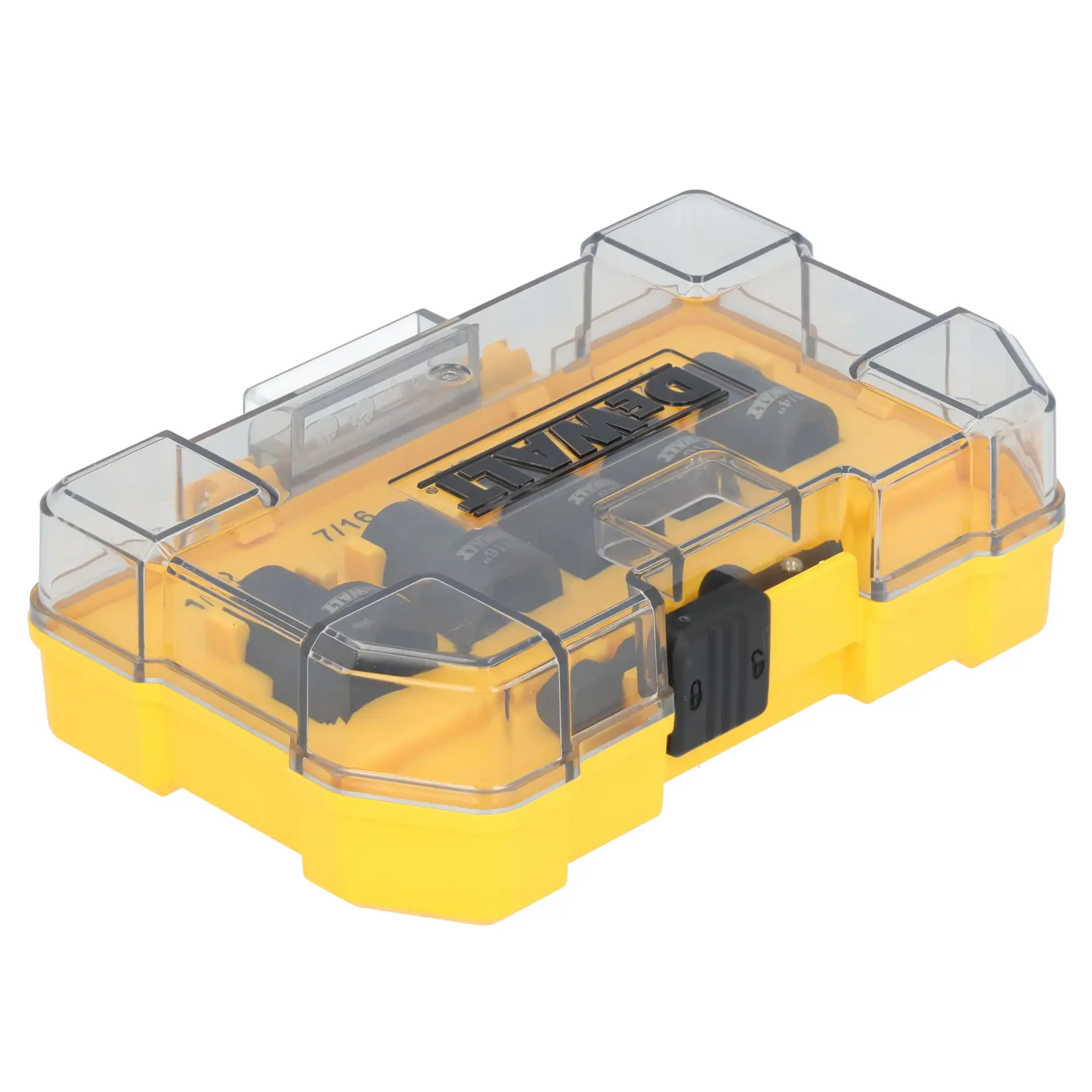 A DEWALT branded yellow and black storage case with a transparent lid, containing a set of drill bits or driver bits organized inside.