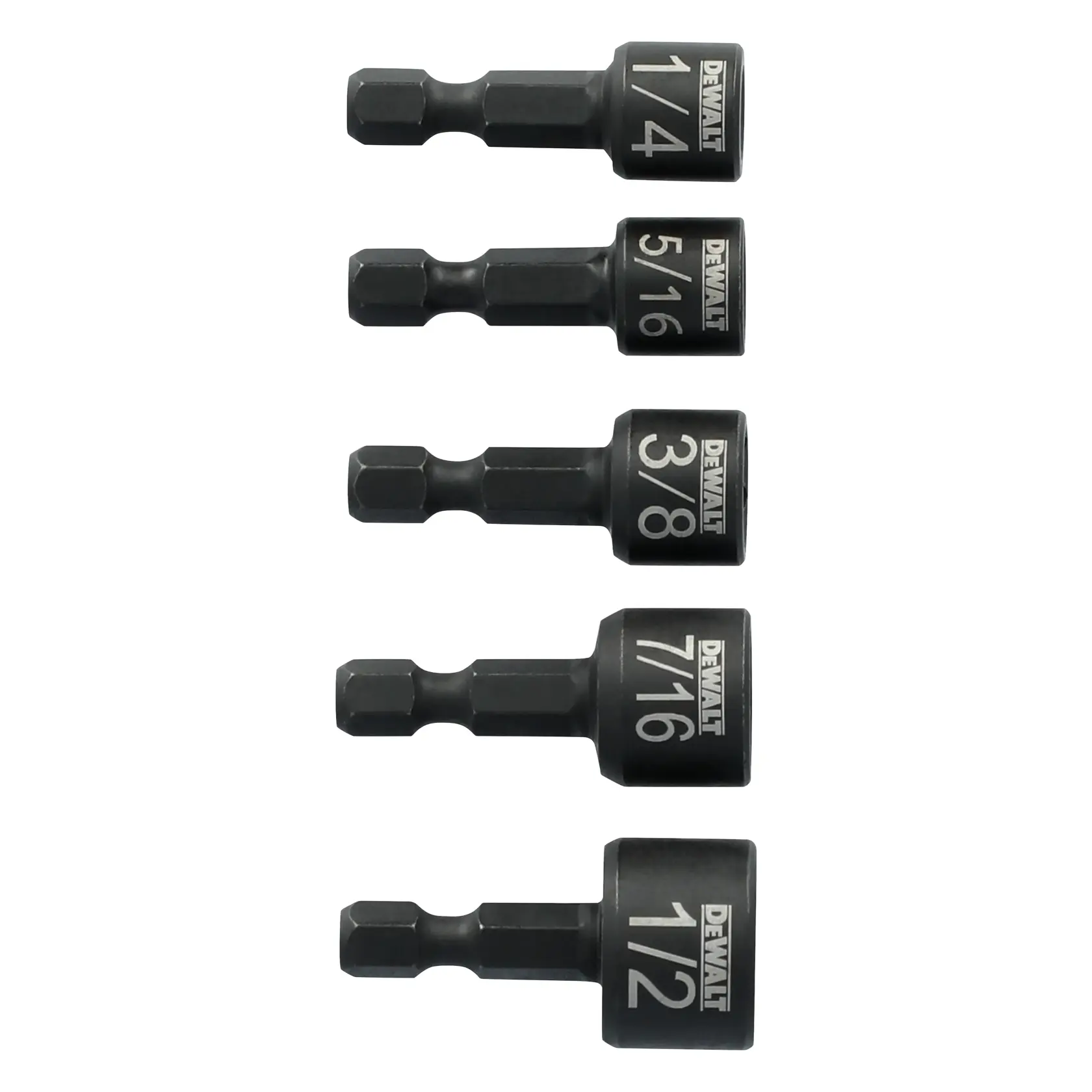 Five DEWALT branded black nut driver bits with hex shanks, each labeled with their size: 1/4, 5/16, 3/8, 7/16, and 1/2 inch, arranged vertically.