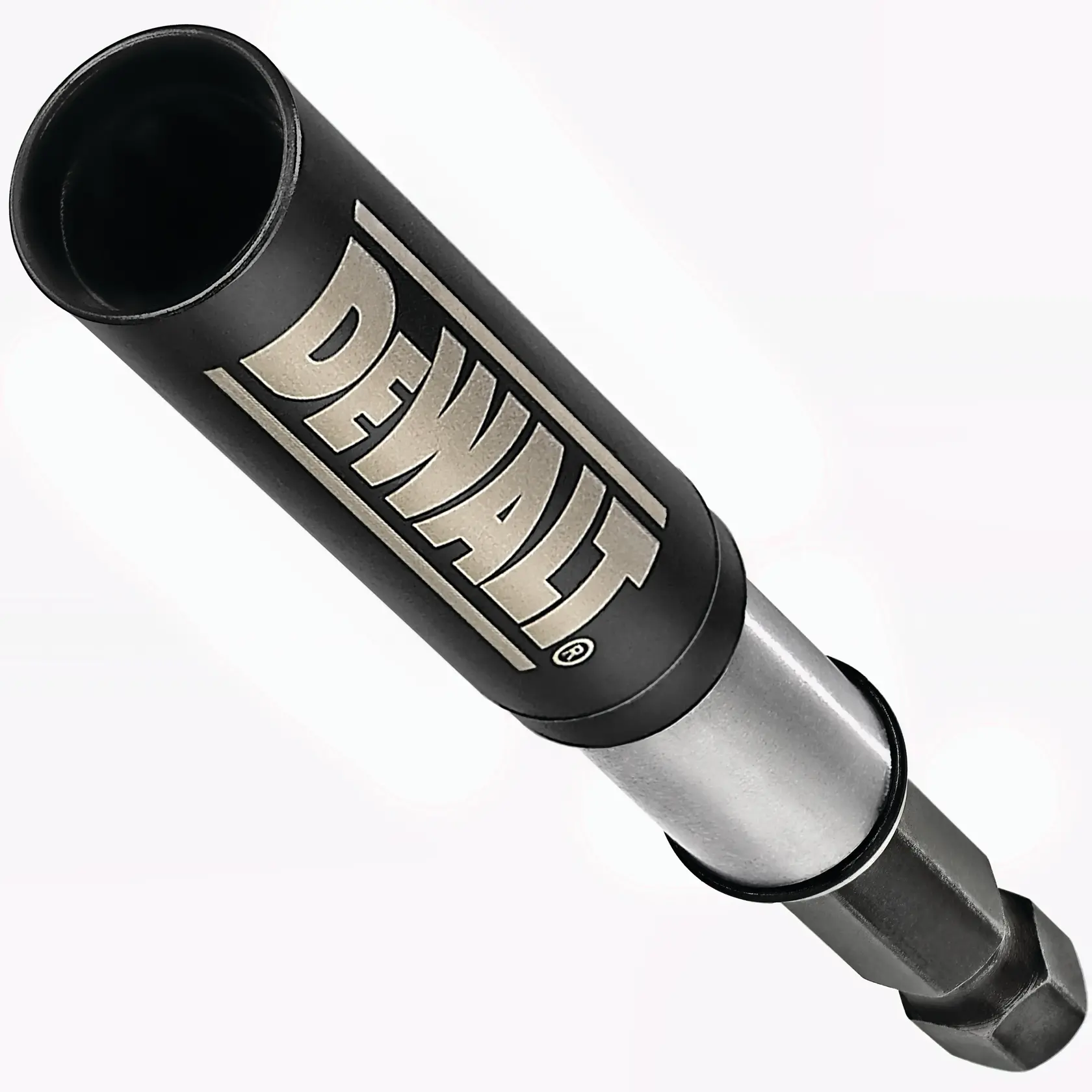 A close-up view of a DEWALT branded drill bit accessory, designed for use with power tools. The tool is cylindrical with a black and metallic finish, and the DEWALT logo is clearly visible.