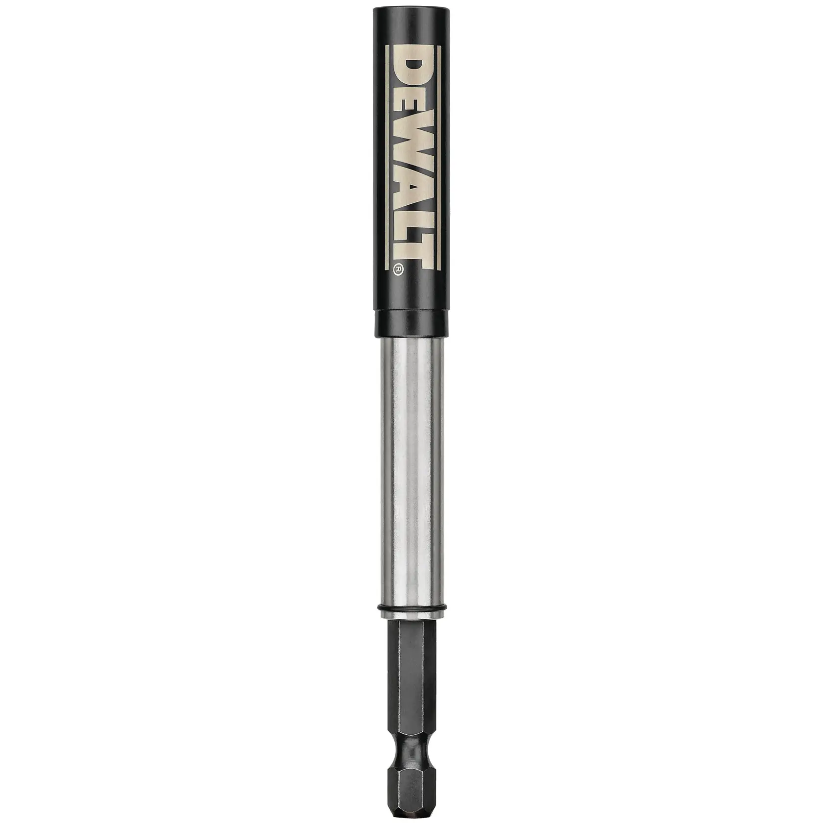 A DEWALT branded metal drill bit holder with a hex shank, shown upright against a white background.