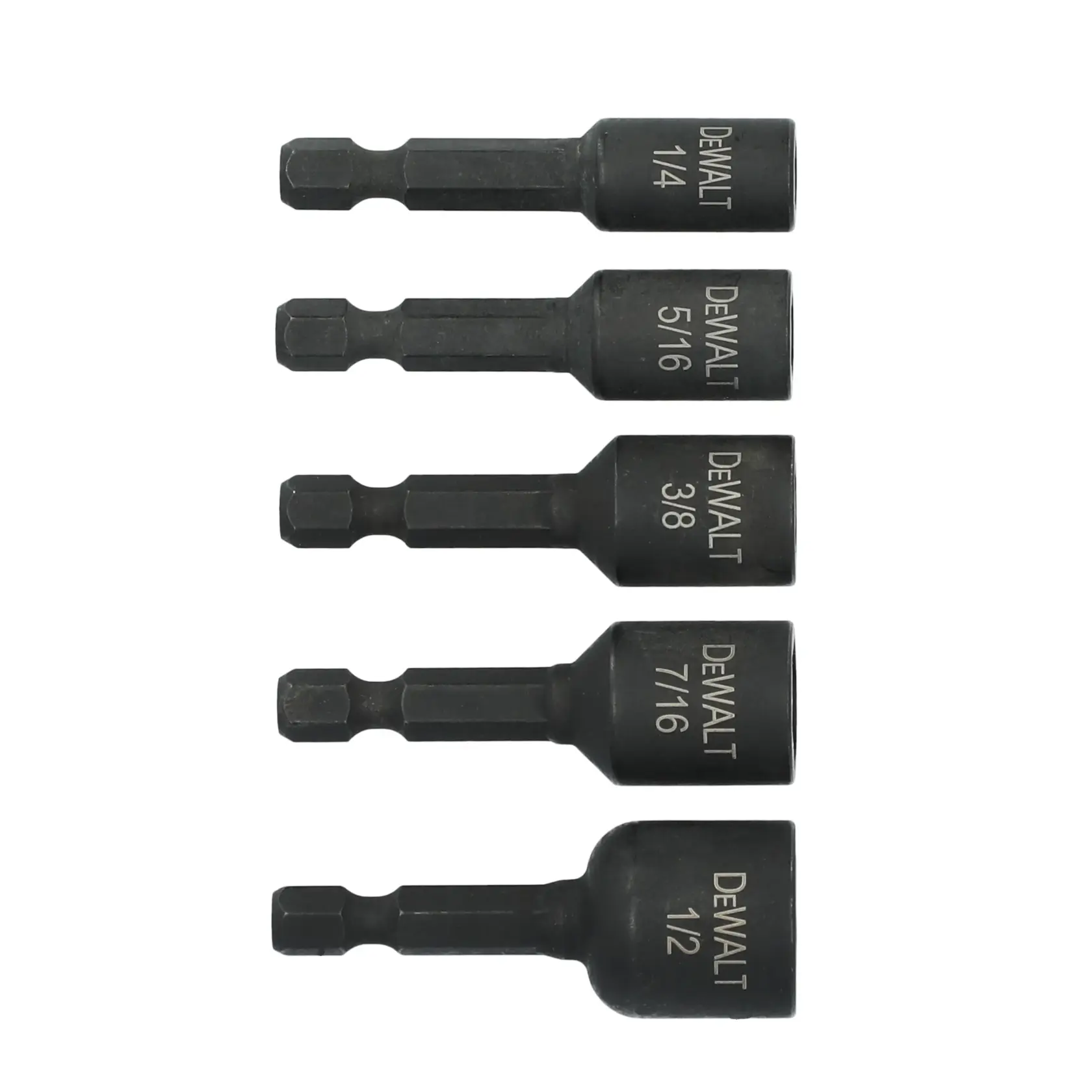 Five DEWALT branded nut driver bits in different sizes (1/4, 5/16, 3/8, 7/16, 1/2 inch), arranged horizontally in a row.