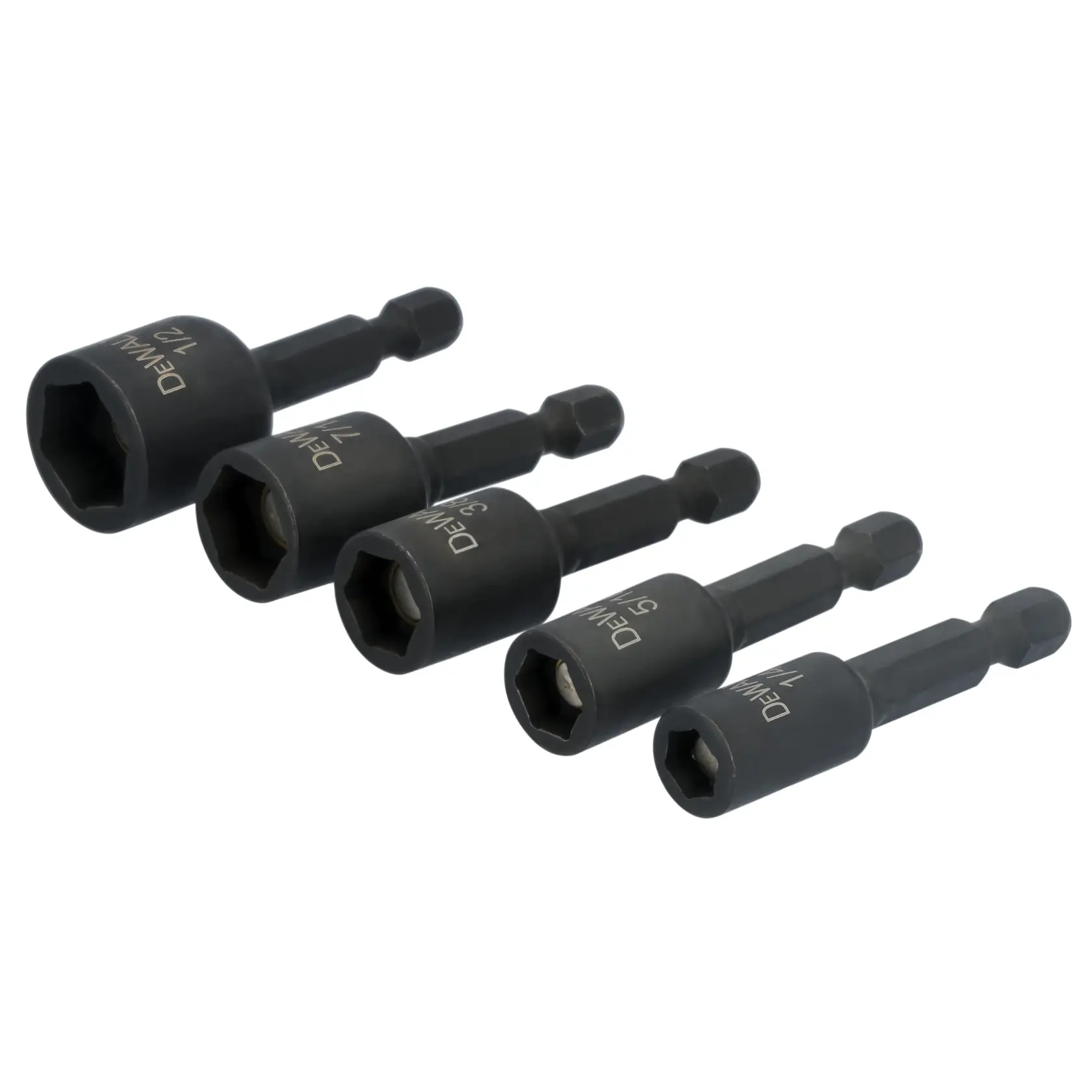 A set of five DEWALT hex nut driver bits, each with a hexagonal socket and black finish, arranged in descending order of size.