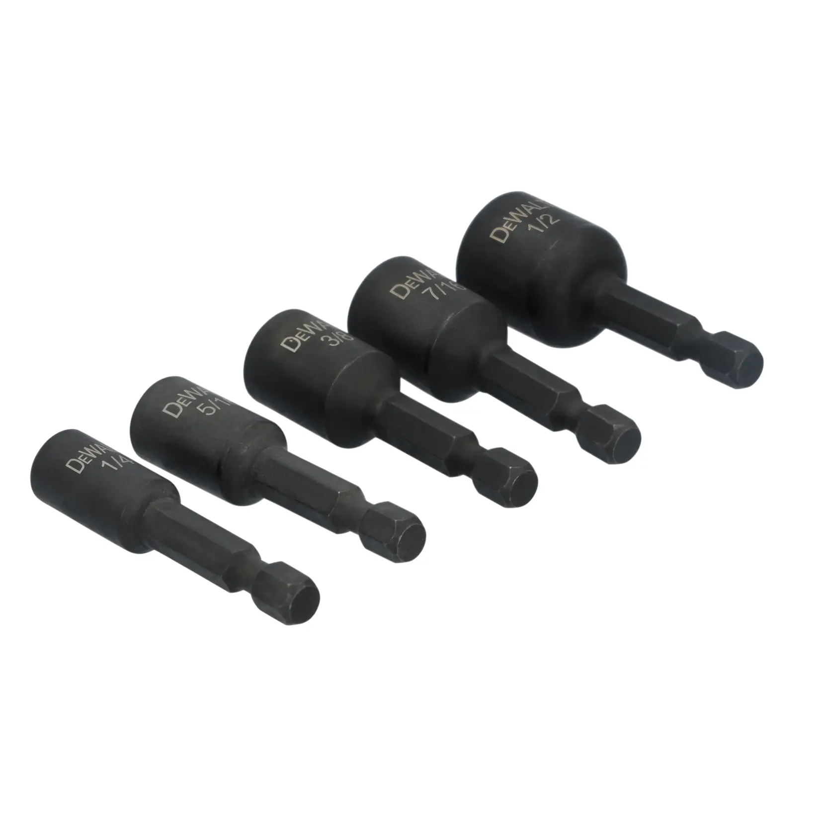 A set of five DEWALT magnetic nut driver bits, each with different sizes, arranged in a row on a white background.