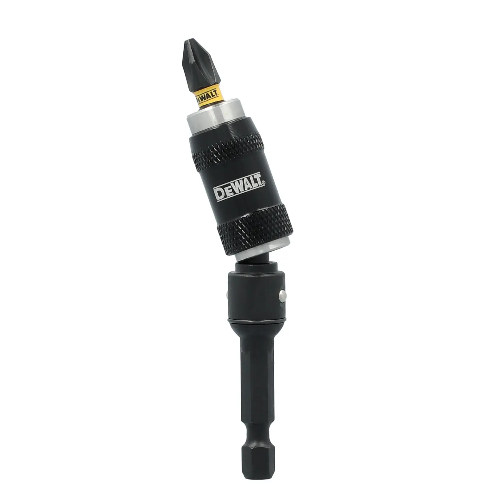A DEWALT branded flexible screwdriver bit holder with a black and silver finish, featuring a DEWALT screwdriver bit attached at the top.