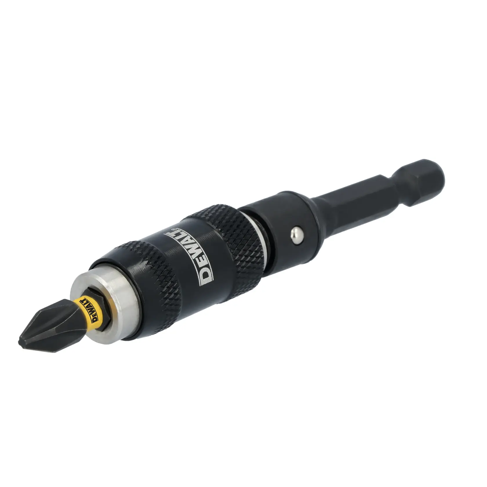 A close-up of a DEWALT branded magnetic bit holder with a Phillips screwdriver bit attached.
