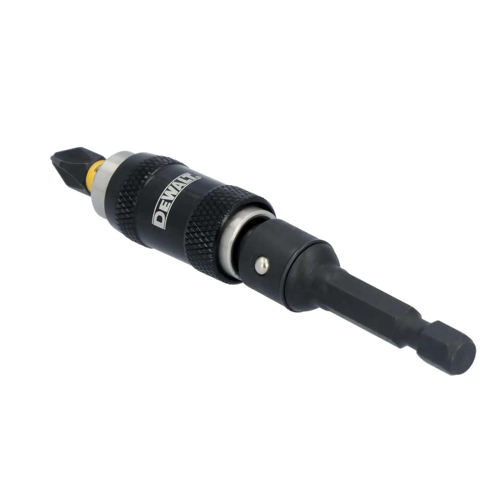 A close-up image of a DEWALT magnetic bit holder with a screwdriver bit inserted, designed for use with power drills and drivers.