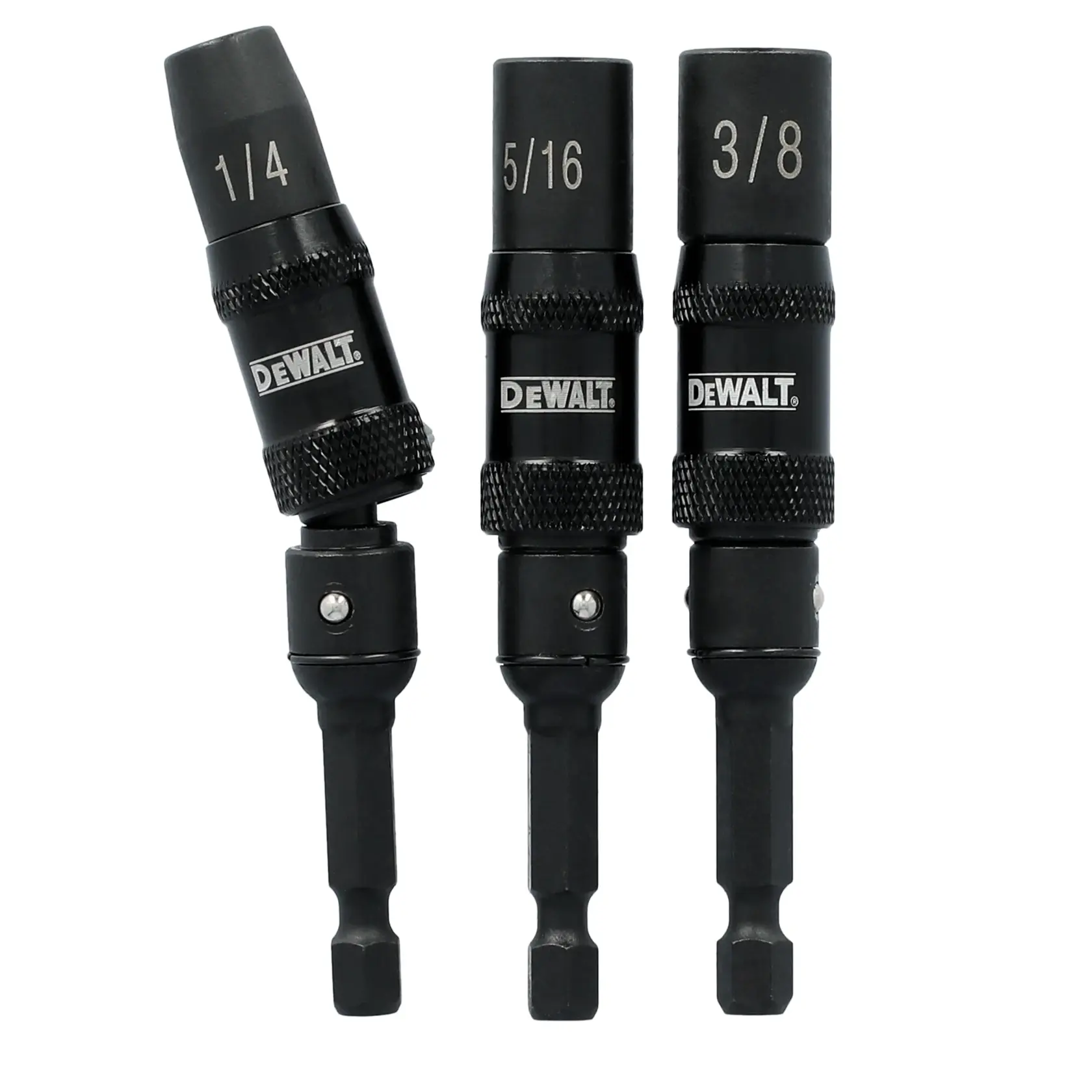 Three DEWALT black magnetic nut driver bits are shown standing upright. Each bit is labeled with its respective size: 1/4, 5/16, and 3/8. The bits feature knurled grips and hex shanks, suitable for use with power tools.