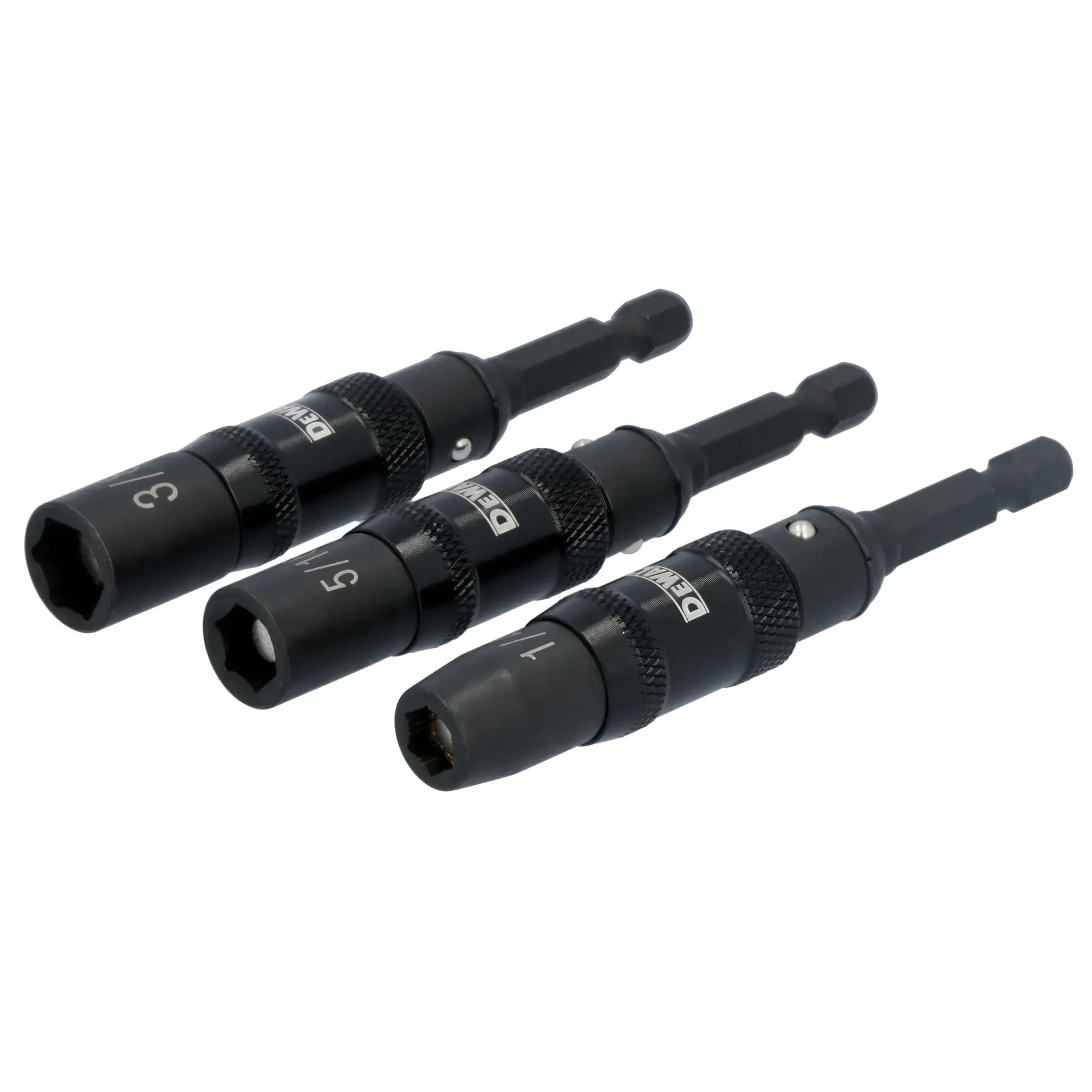 Three black DEWALT nut driver drill bits of different sizes (3/8, 5/16, and 1/4 inch) are shown arranged in a row. Each bit has a hex shank for quick connect to drills.