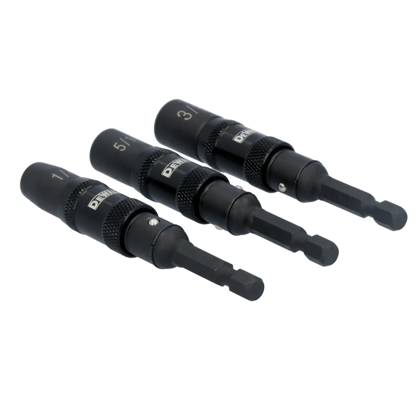 Three DEWALT black drill bit holders with hex shanks, each labeled with different sizes, placed side by side on a white background.