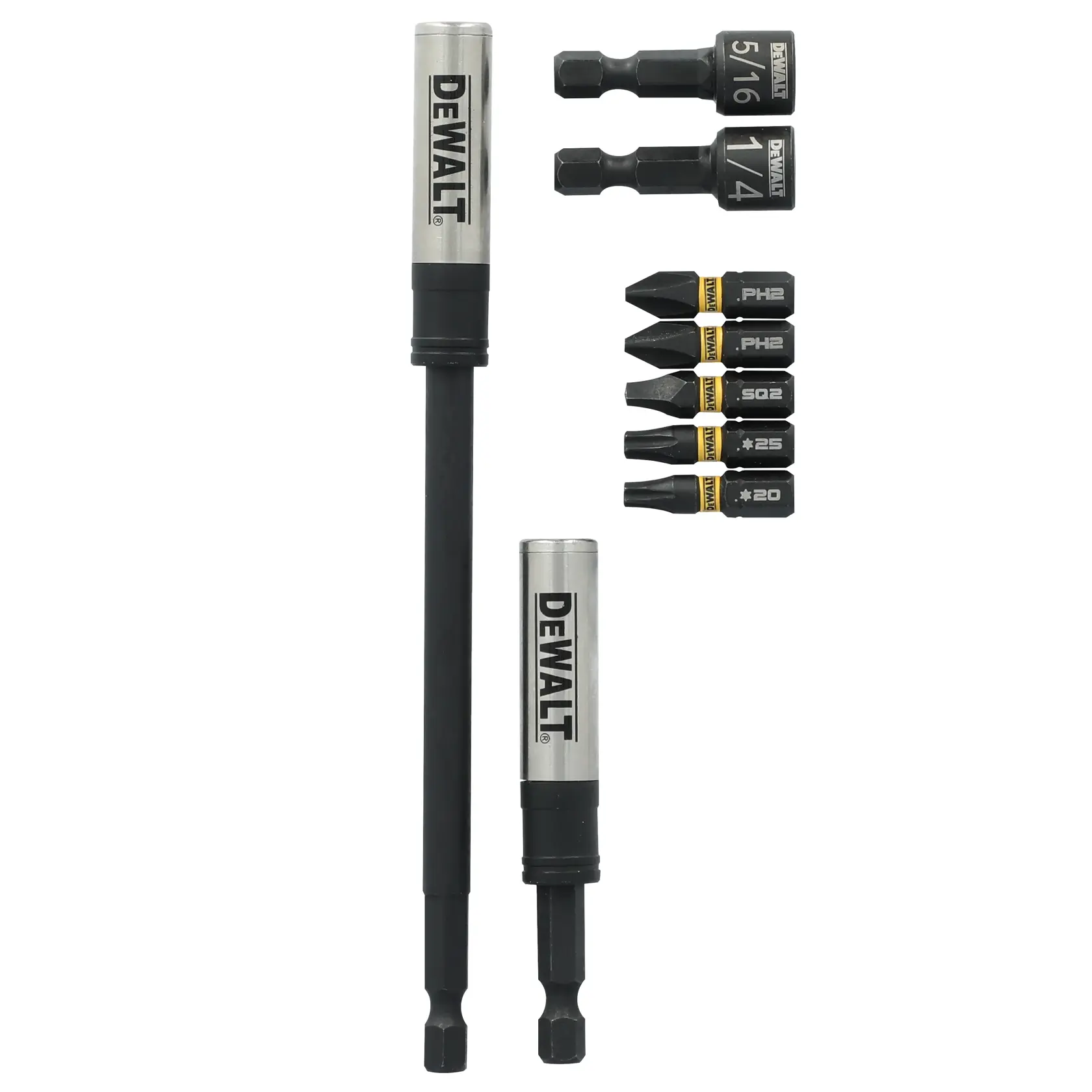 DEWALT bit and socket adapter set, including two bit holders, two socket adapters, and six assorted screwdriver bits, arranged neatly on a white background.
