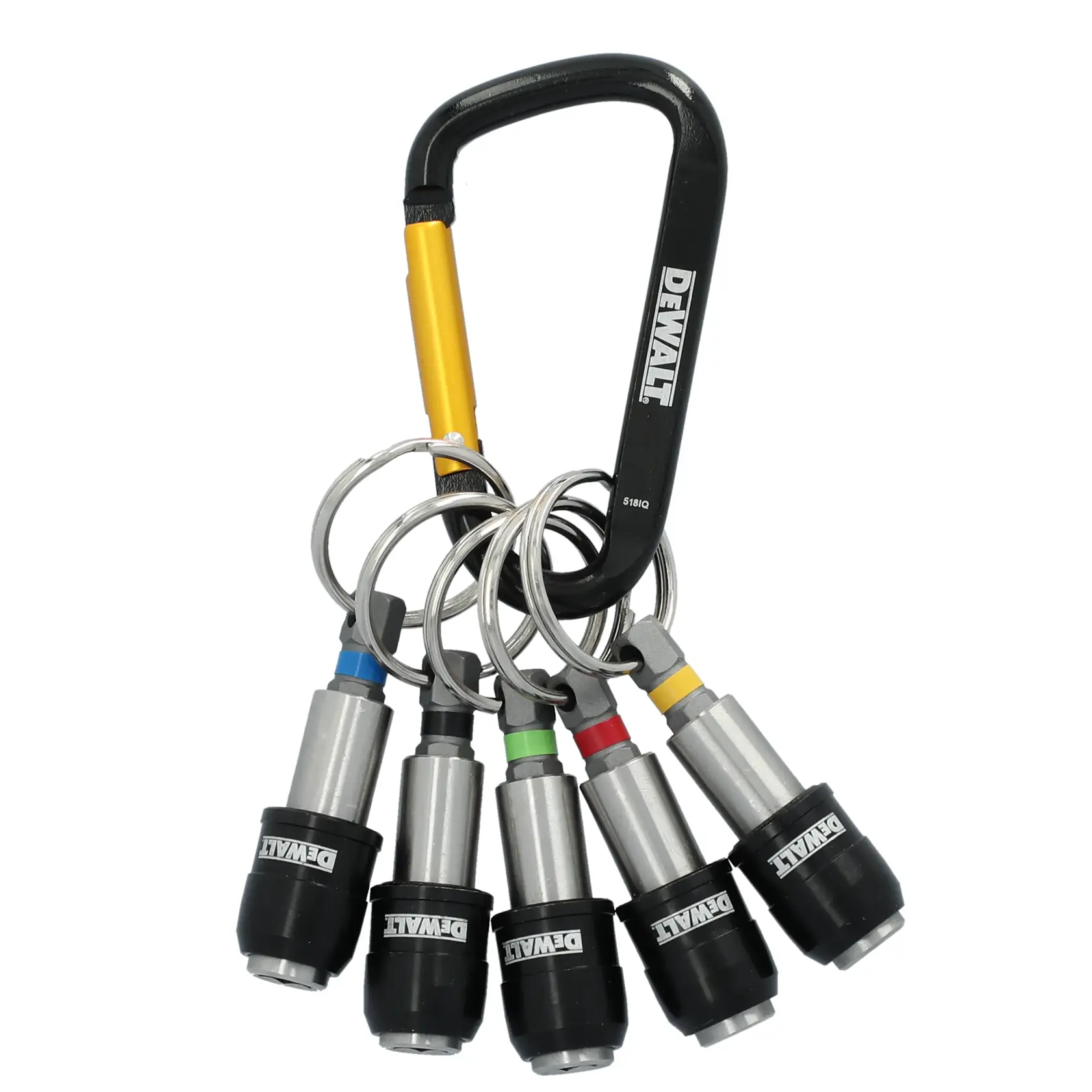 A DEWALT branded carabiner holding five color-coded quick-release key rings with metal bit holders attached.
