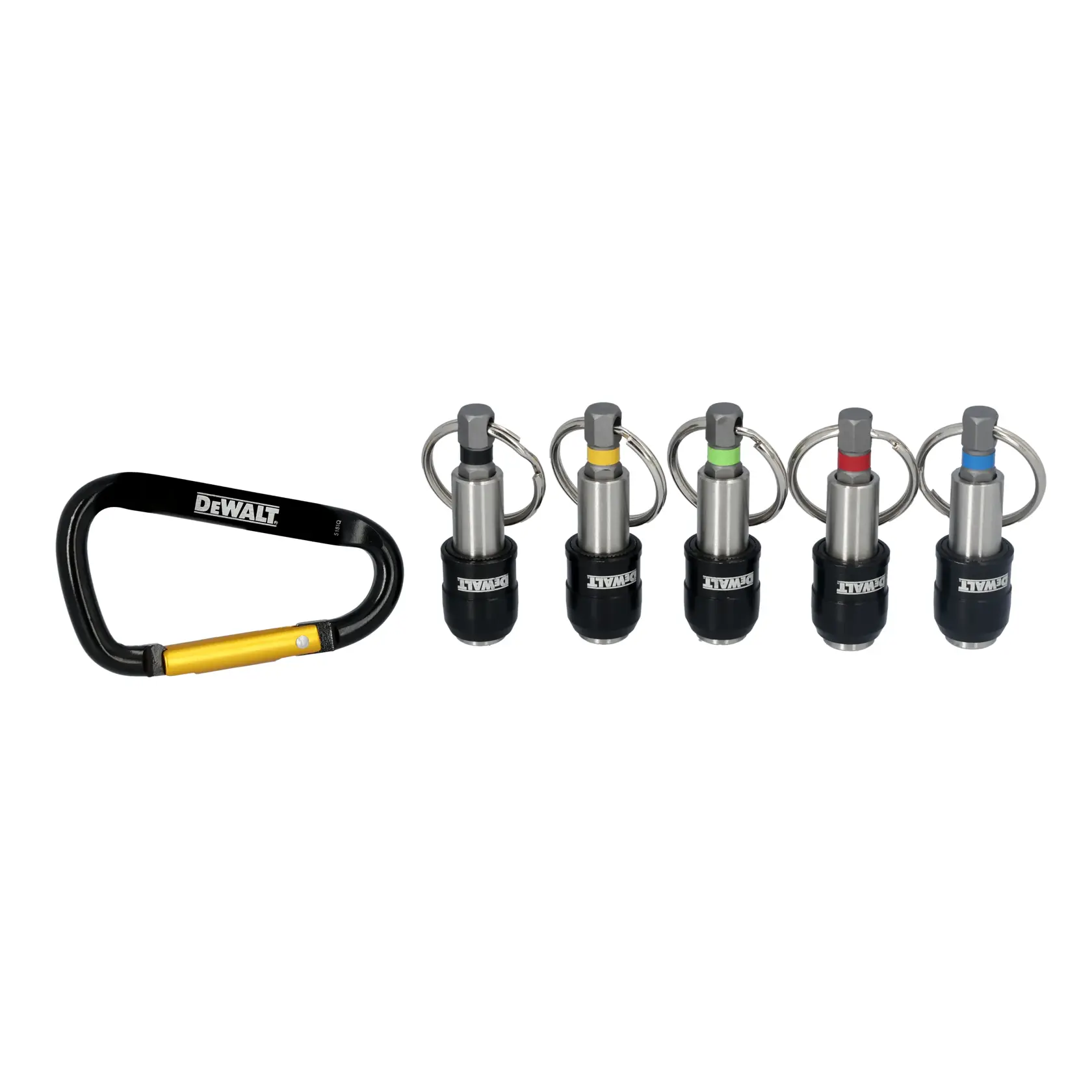 A DEWALT branded carabiner and five color-coded keychain quick-change hex bit holders, each with a metal ring and colored label for easy identification.