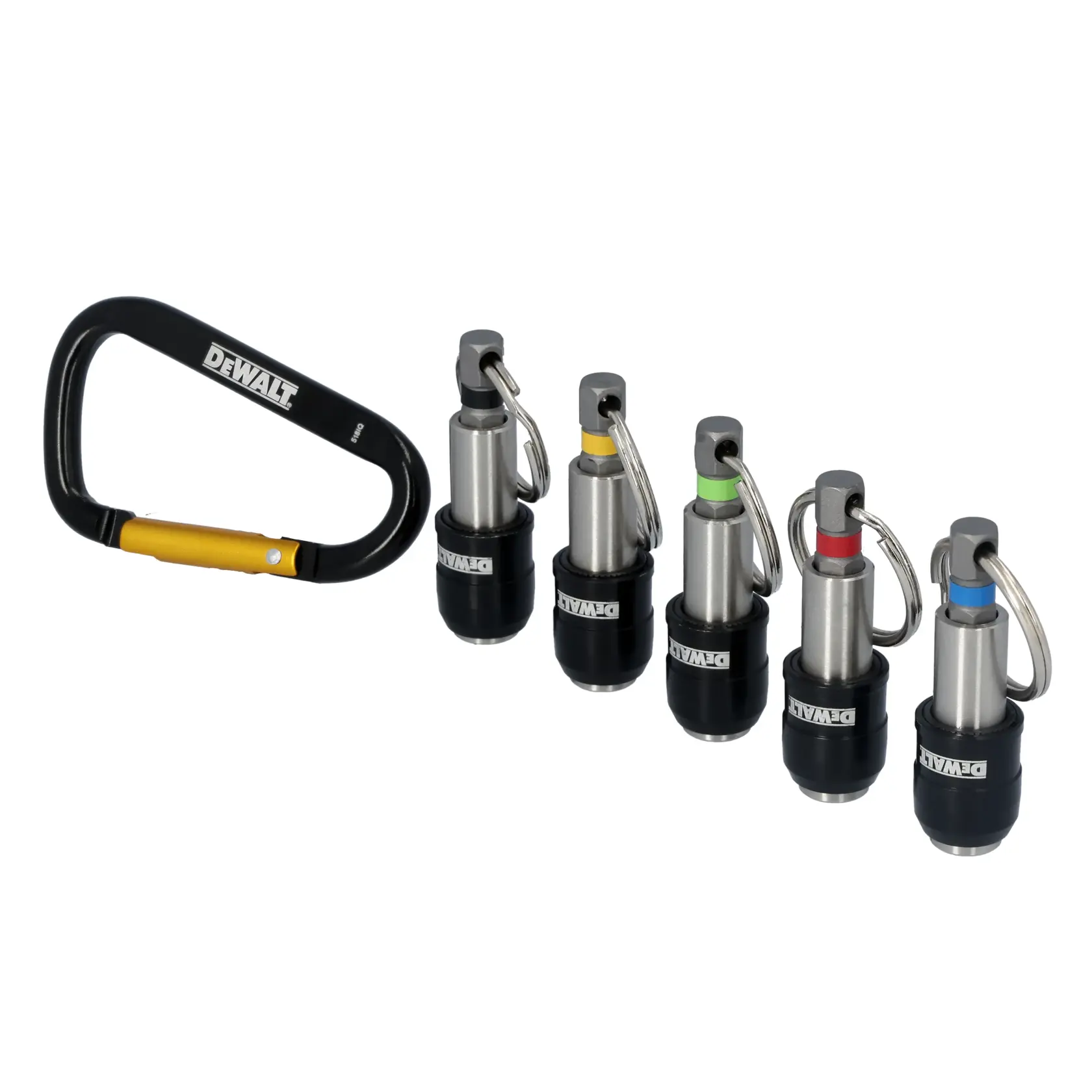 A DEWALT brand set featuring five metallic keychain quick connect adapters with colored bands and a black and yellow carabiner.