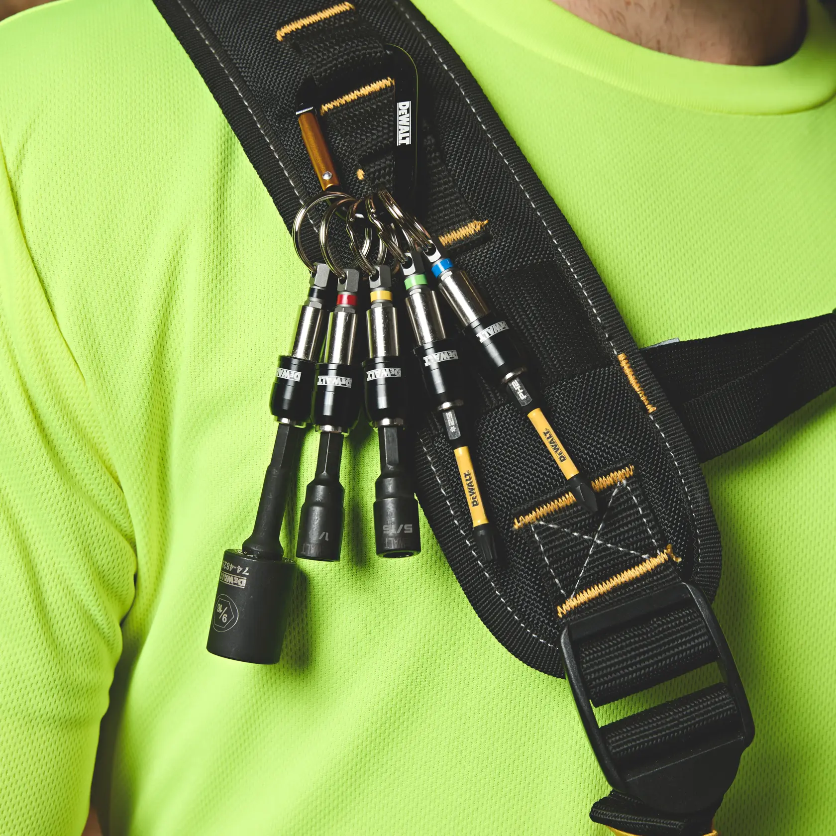 DEWALT keyring bit holder set video shows locking, quick ejection, durable build, carabiner storage, 1/4" bit use.