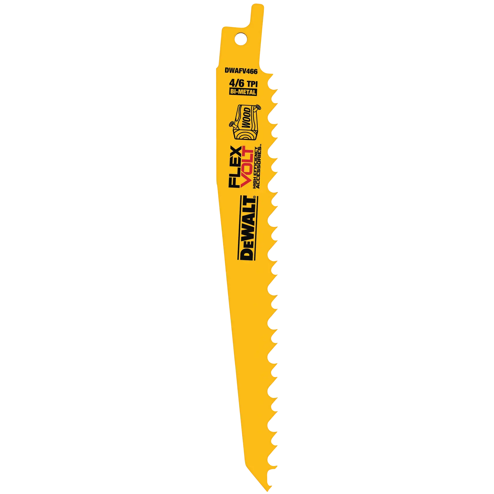 A yellow DEWALT DWAFV466 FLEXVOLT reciprocating saw blade with 4/6 teeth per inch, made of bi-metal for wood cutting.