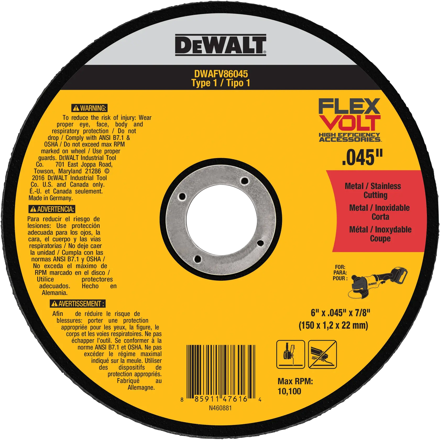 DEWALT FlexVolt Type 1 cutting disc for metal and stainless steel, model DWAFV86045. The disc is yellow and black, labeled for high efficiency, and lists safety warnings in English, Spanish, and French. Suitable for 6 inch diameter tools, with a thickness of 0.045 inch and max RPM of 10,100. For use with specific grinders.