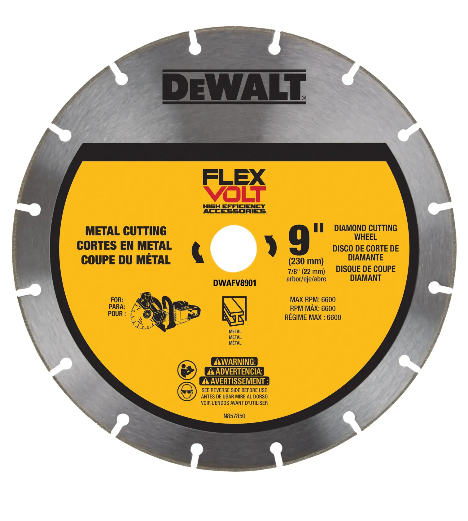 A DEWALT FlexVolt 9-inch diamond cutting wheel for metal, shown with a yellow and silver design. The wheel includes product information for metal cutting, maximum RPM of 6600, compatibility details and safety warnings.