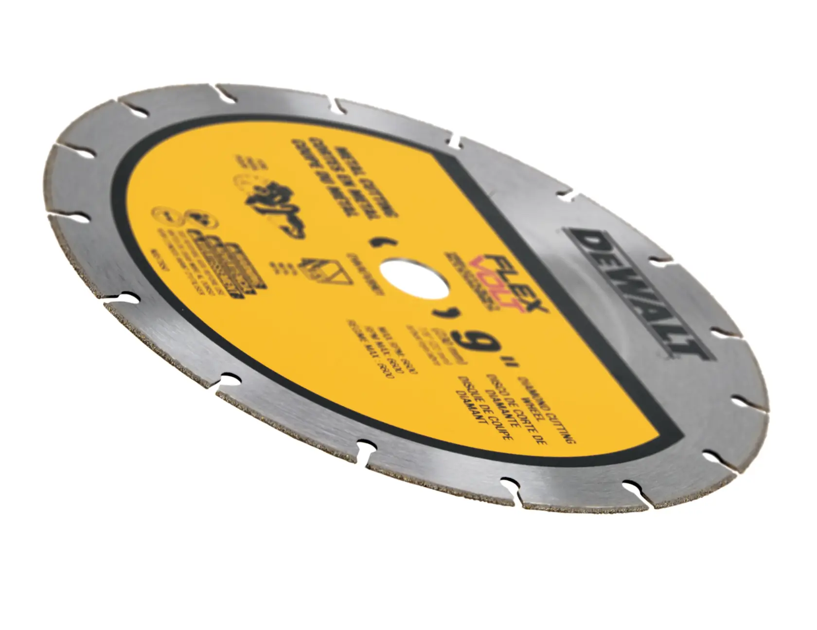 A DEWALT branded circular saw blade with a yellow center and silver segmented edge, designed for cutting materials like concrete. The blade features product information and safety symbols printed on its surface.