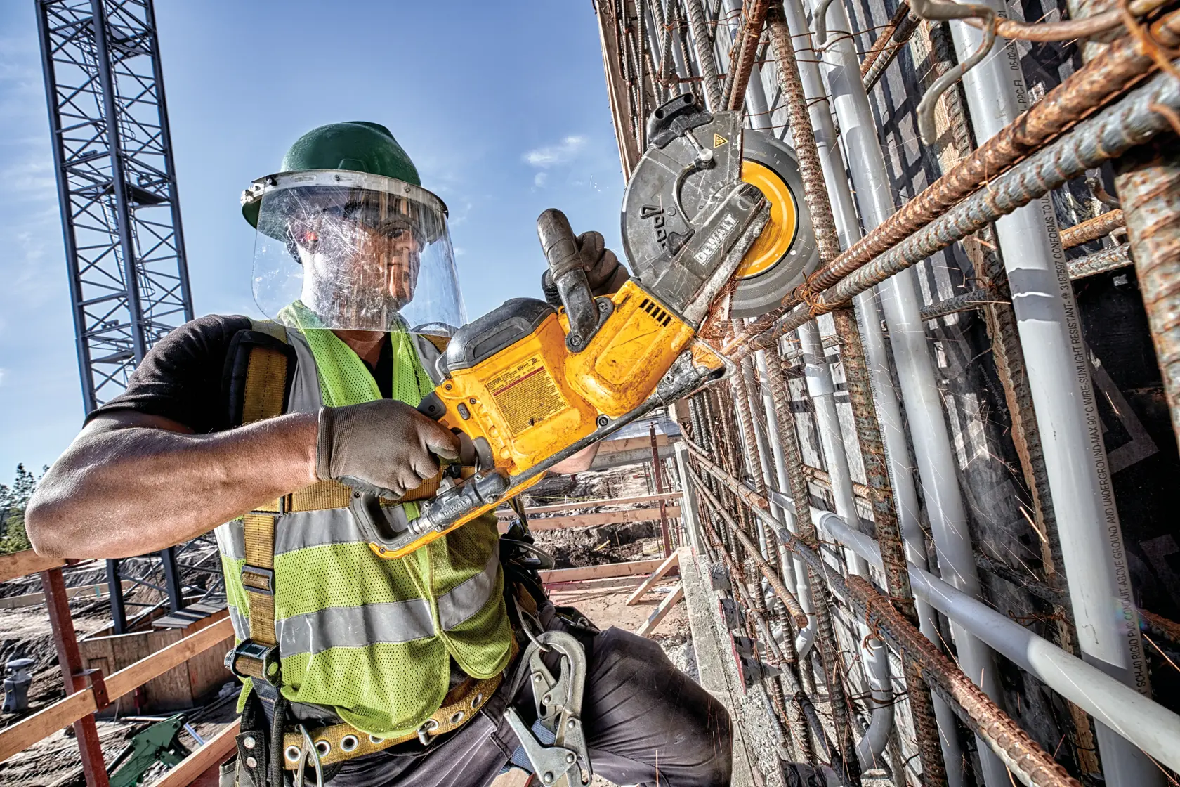 A construction worker wearing safety gear uses a yellow DEWALT power tool to cut through metal rebar at a building site.