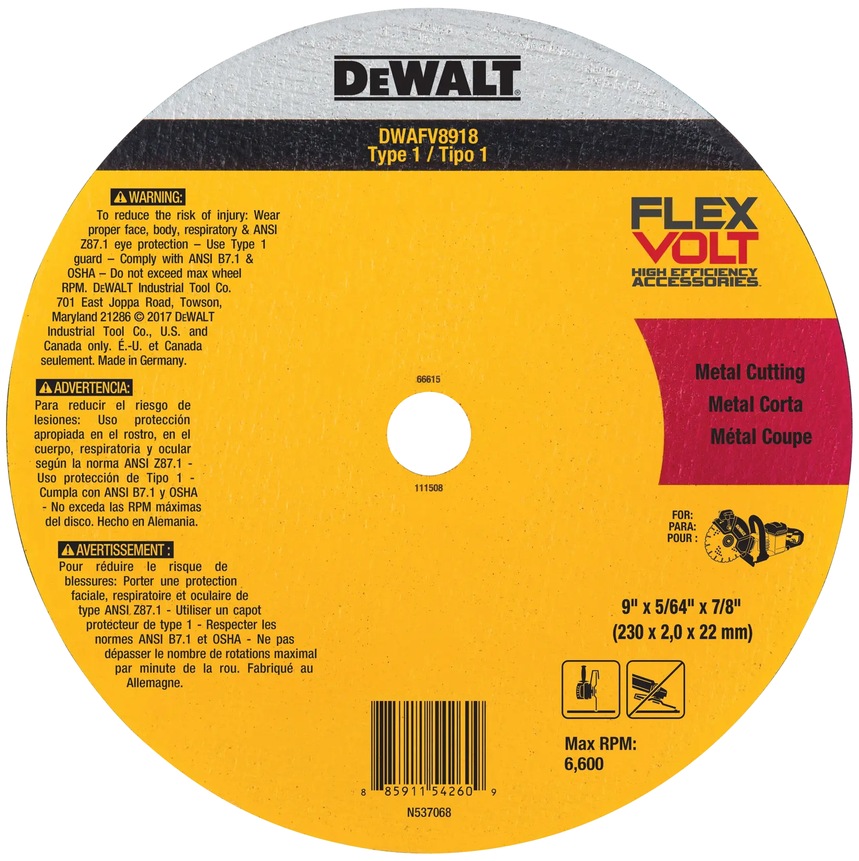 Image of a DEWALT DWAFV8918 FlexVolt metal cutting wheel accessory, 9 inches x 5/64 inches x 7/8 inches (230 x 2.0 x 22 mm), designed for high efficiency cutting. The circular disc has yellow and red sections with safety warnings in English, Spanish, and French, product specifications, barcode, and manufacturer details. For metal cutting only.