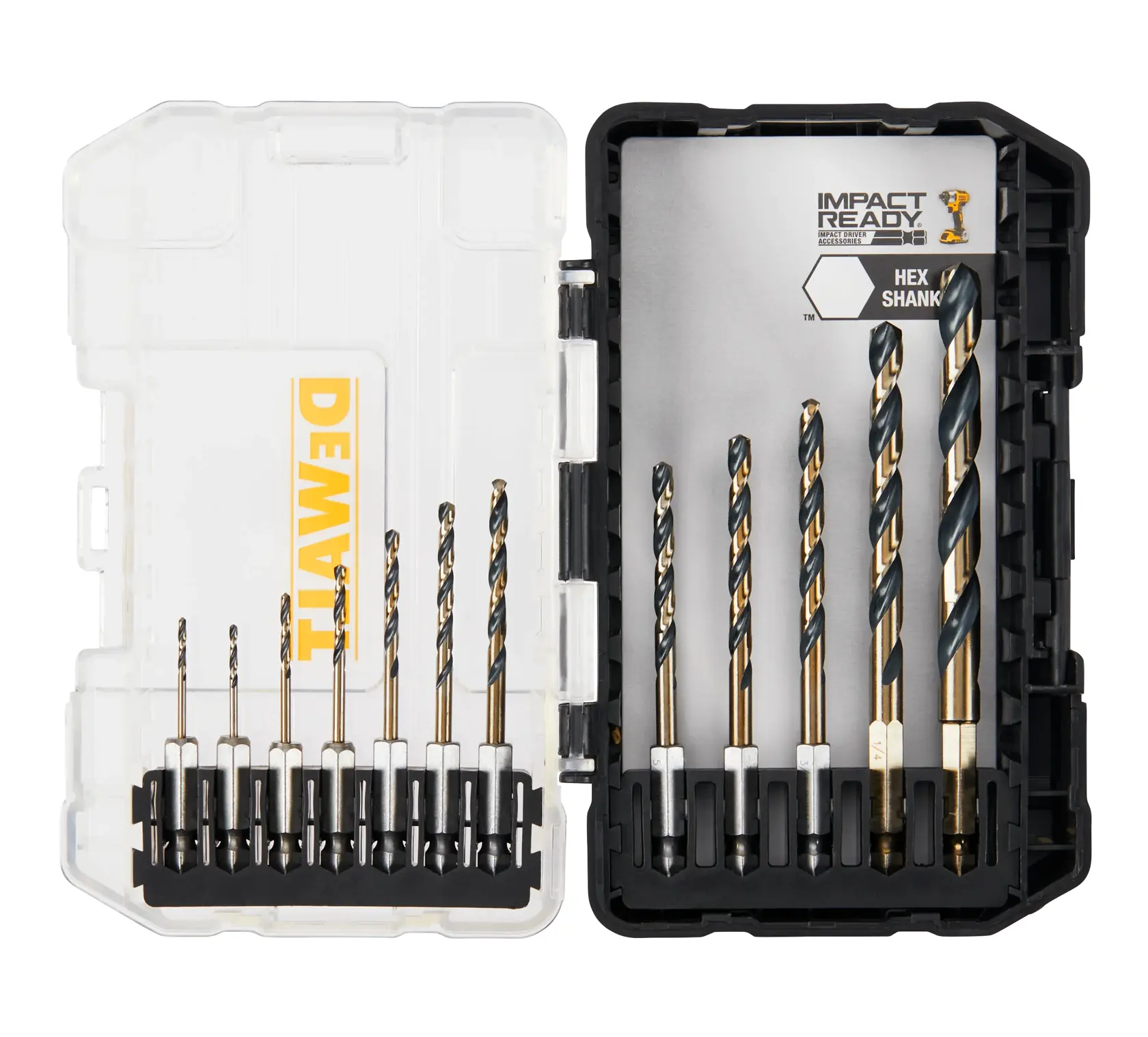 A DEWALT branded drill bit set in a transparent plastic case, showing ten different sizes of drill bits with hex shanks, arranged neatly in the holder.