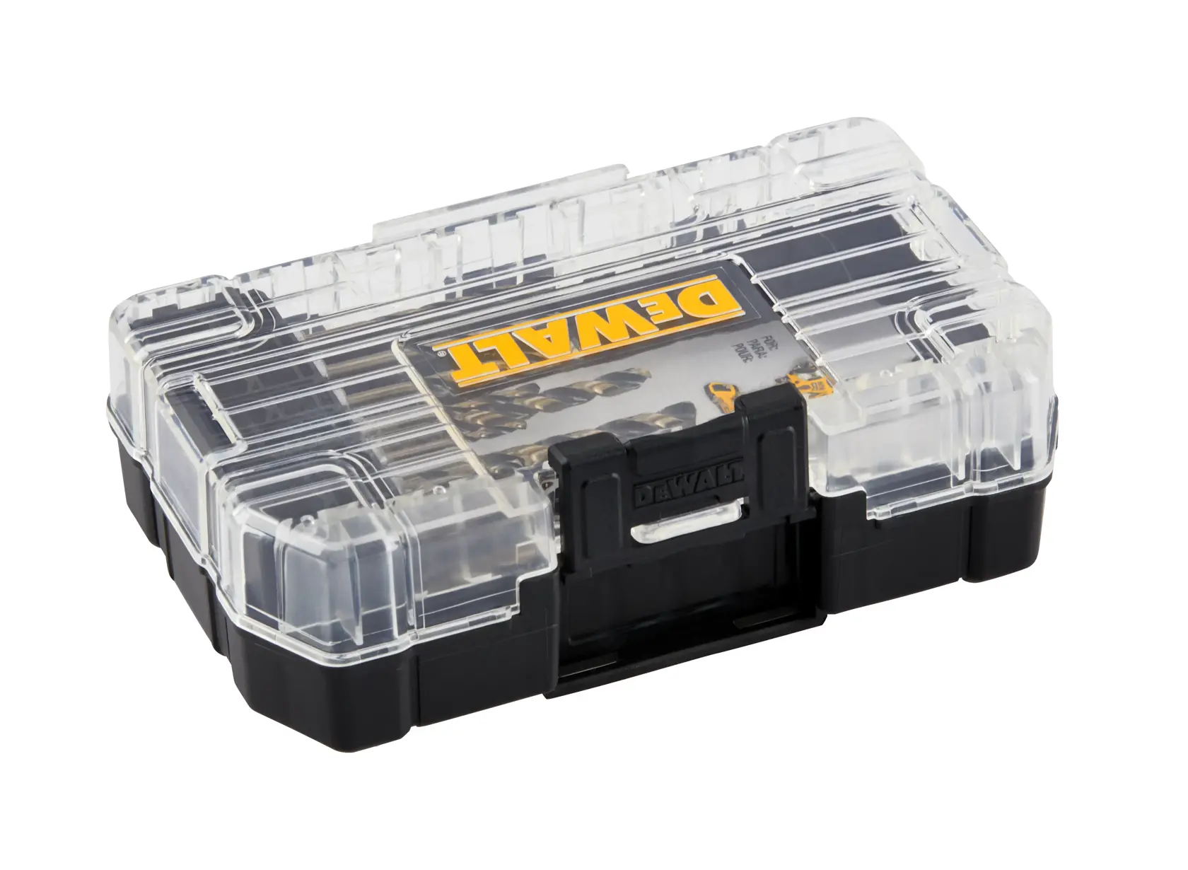 A DEWALT branded plastic storage case with a transparent lid and black base, containing a set of drill bits.