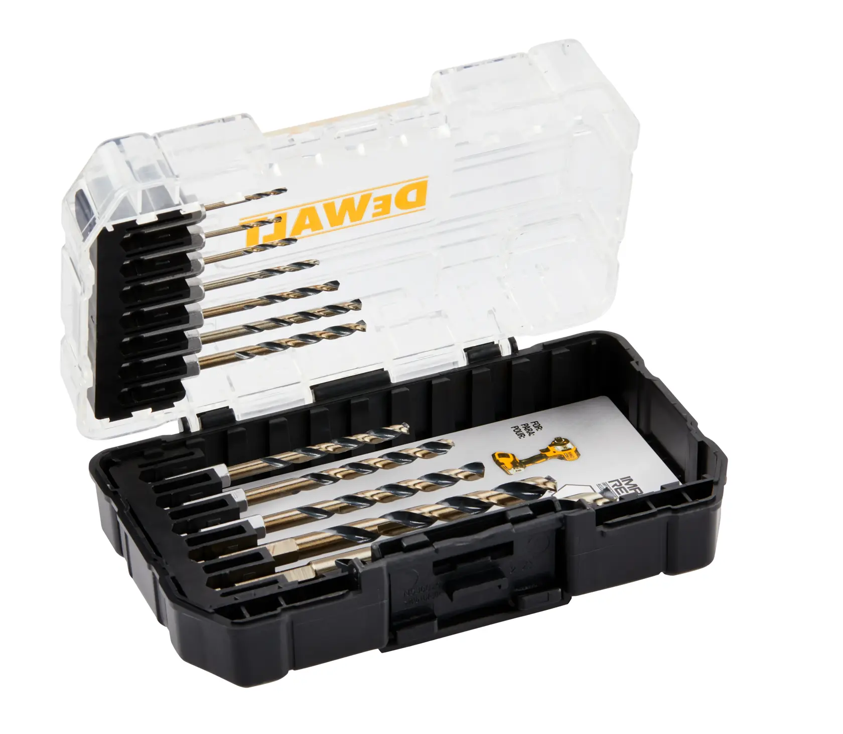 A DEWALT branded black and clear plastic case containing a set of various-sized metal drill bits arranged in two rows.