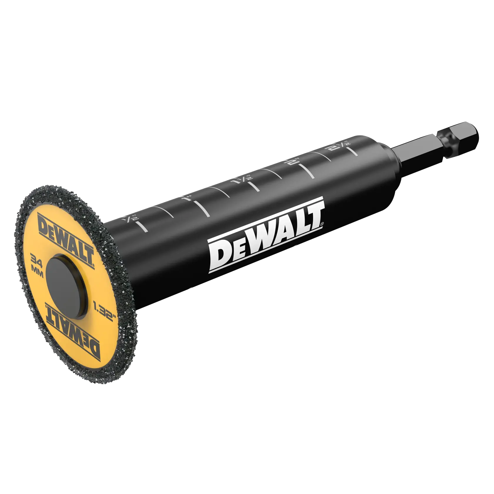 DEWALT abrasive cutting wheel with a cylindrical handle and measurement markings, designed for precision cutting tasks.