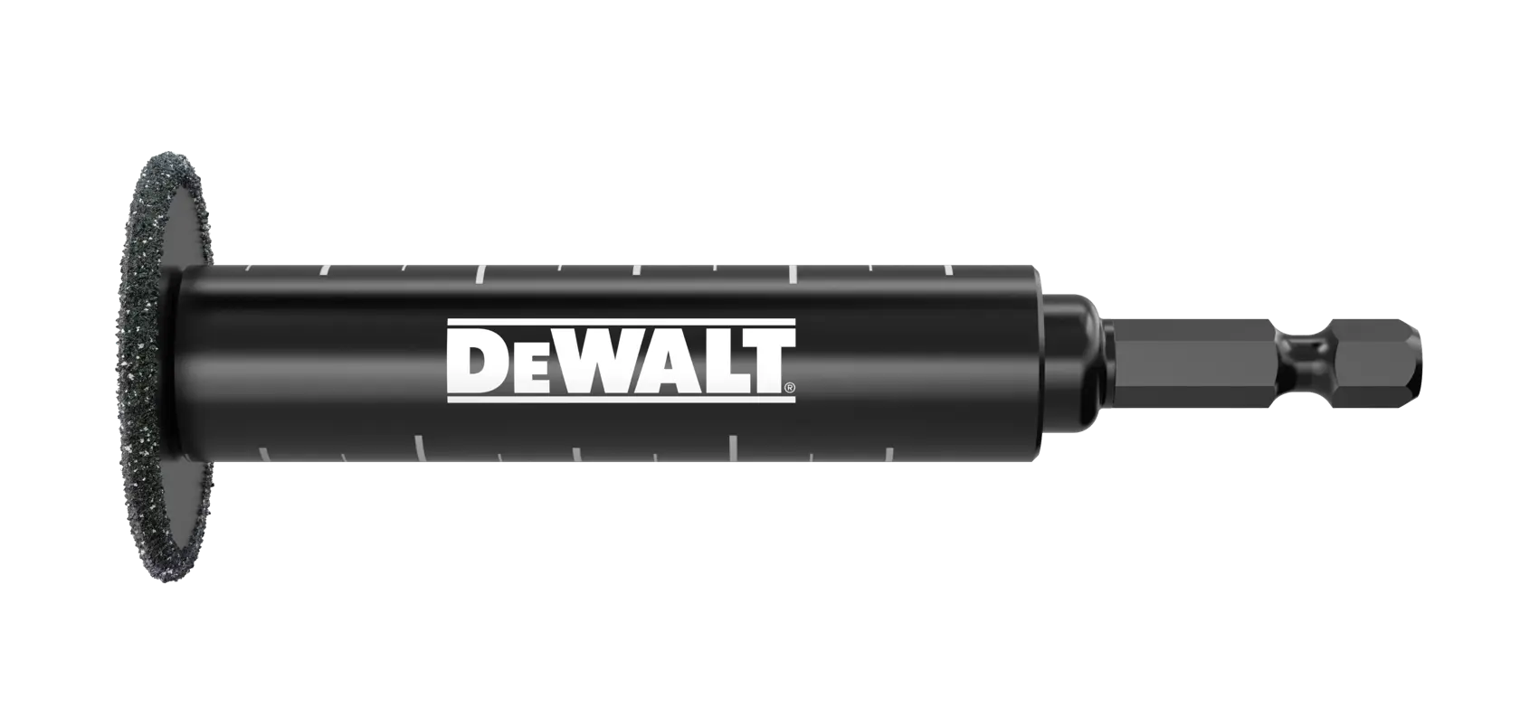 DEWALT black carbide grit hole saw with hex shank, used for cutting through tough materials.