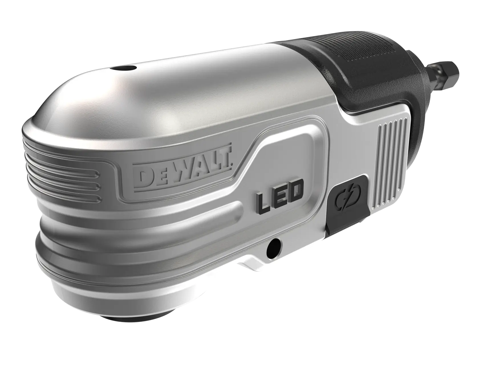A close-up of a DEWALT branded LED photography tool with a metallic and black finish. The device features a power button and a compact, ergonomic design.