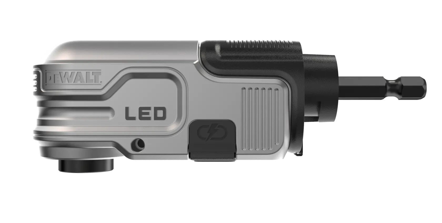 A close-up image of a DEWALT LED right angle attachment tool, featuring a metallic and black finish. The tool includes a visible DEWALT logo, an LED label, and a hex bit holder at the end.