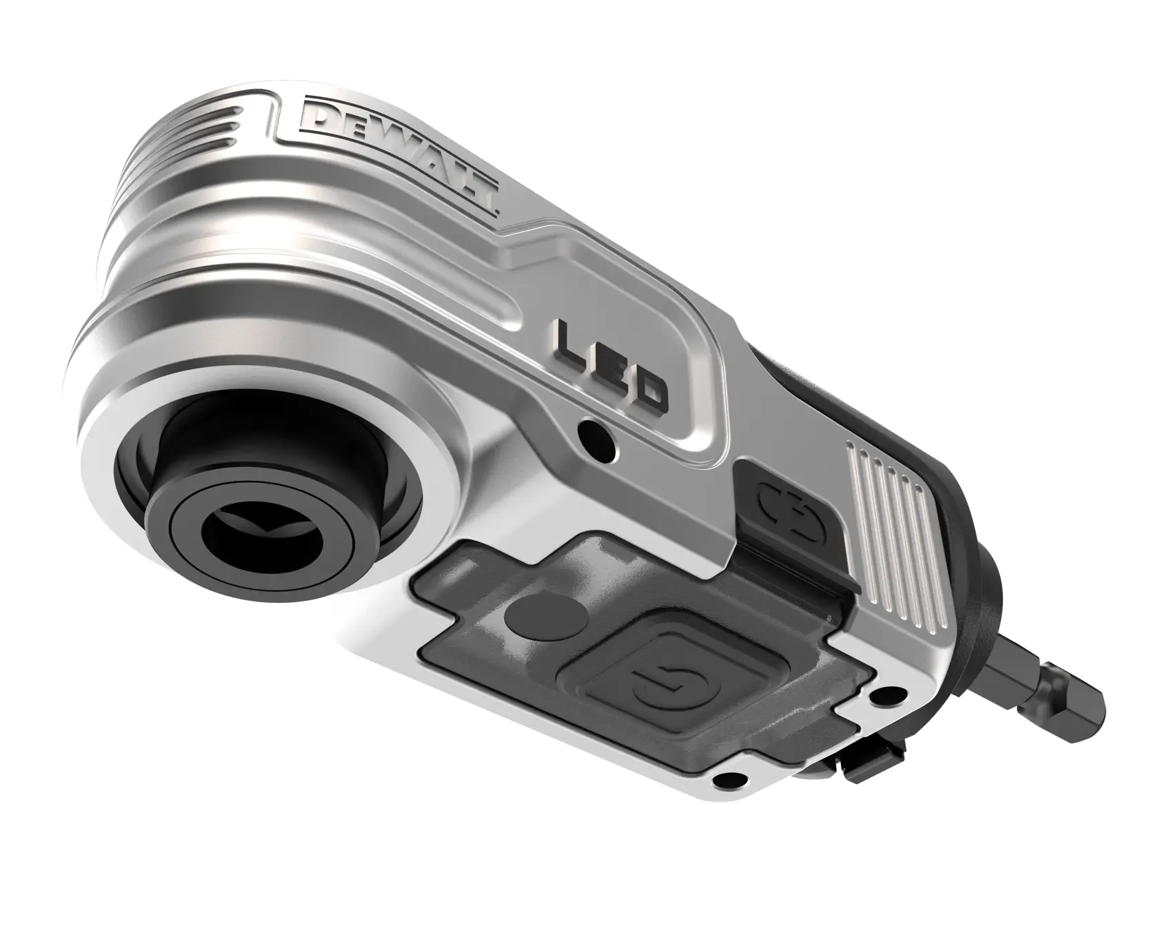 Close-up view of a DEWALT LED tool attachment, featuring a metallic finish and power button. The device is designed for use with power tools and has a compact, ergonomic shape.