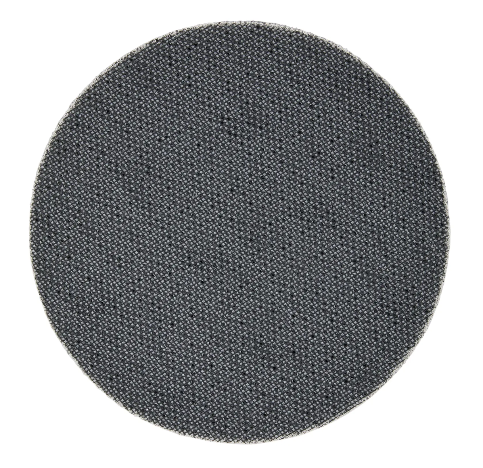 A close-up image of a round, dark grey abrasive sanding disc with a textured surface.