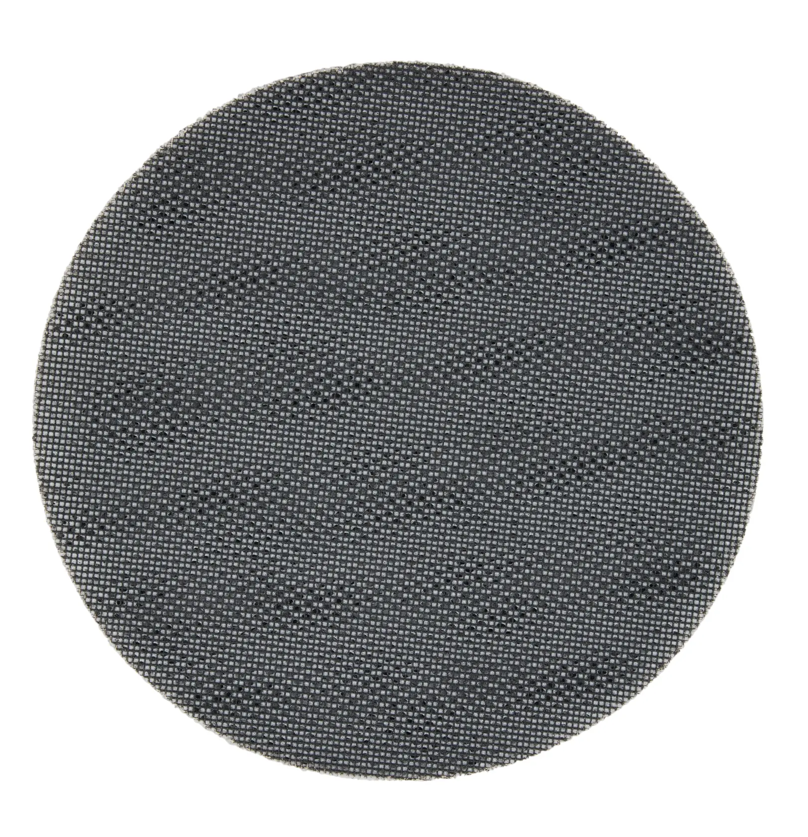 A close-up view of a round, black mesh sanding disc with a textured surface, typically used with power sanders for abrasively smoothing materials.