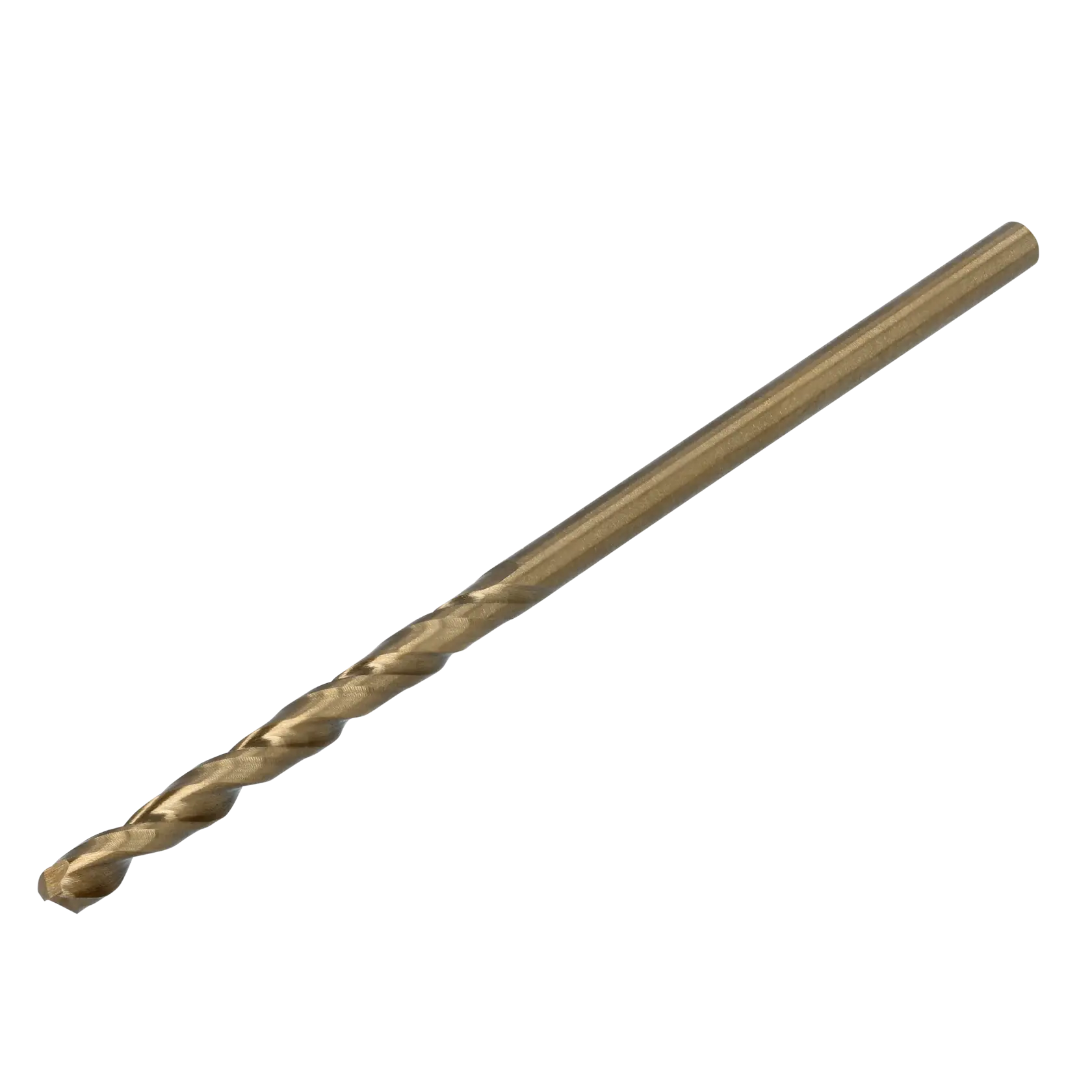 A single gold-colored metal drill bit with a spiral design, used for drilling holes in various materials.