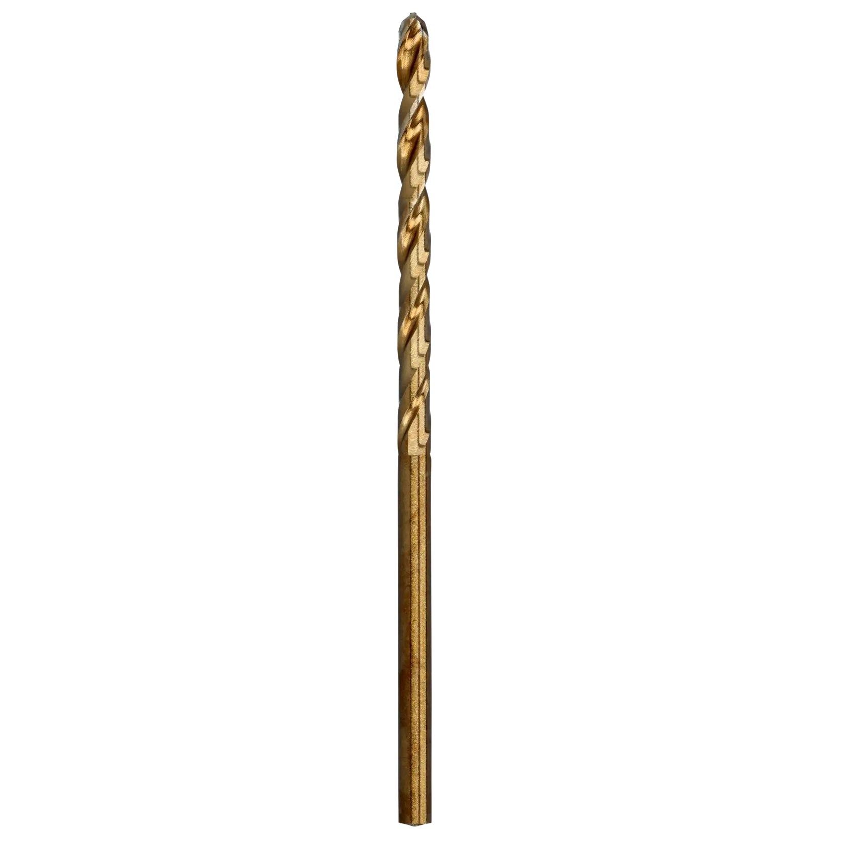 A single gold-colored metal drill bit with spiral flutes, shown upright against a white background.