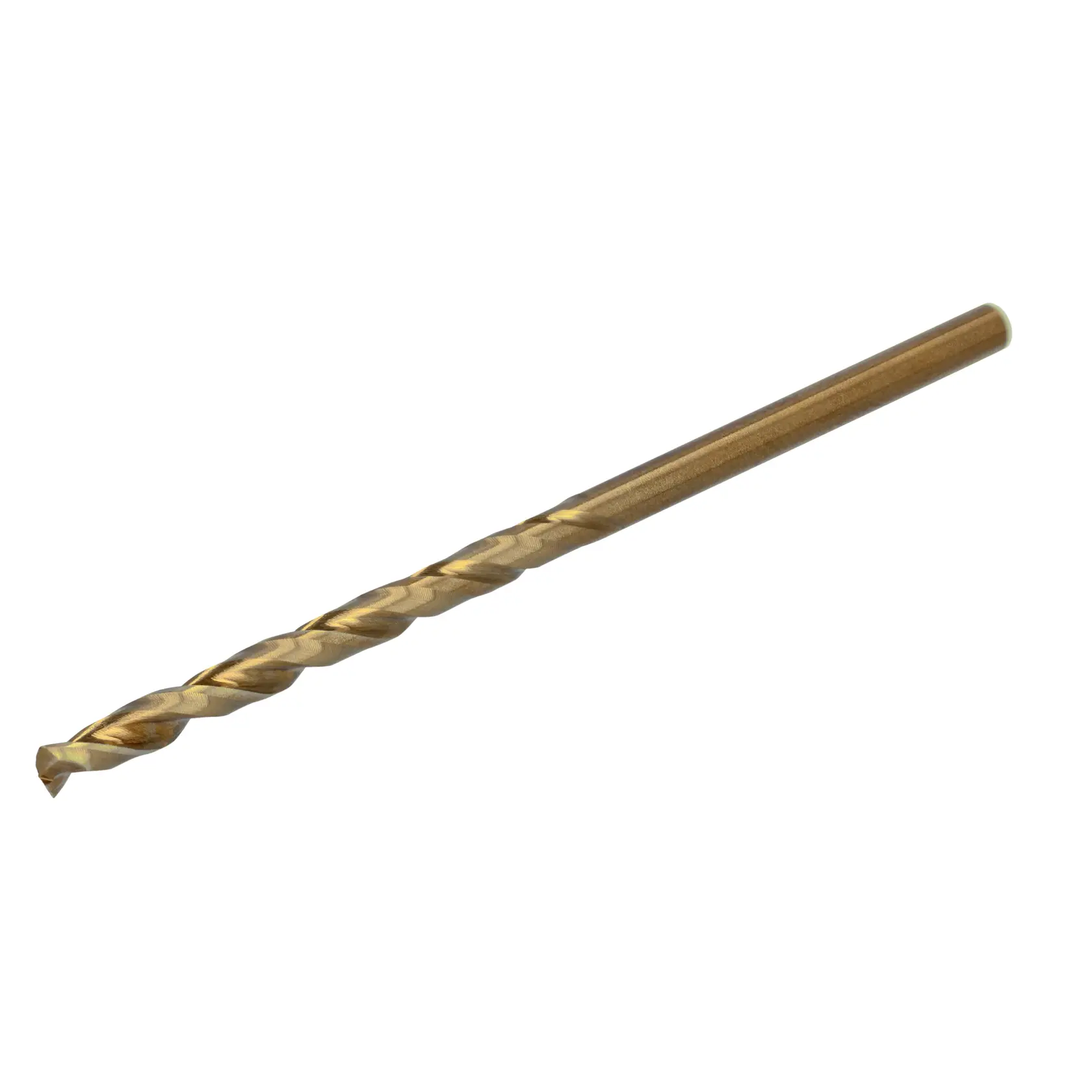 A single gold-colored metal drill bit with a spiral fluted design, isolated on a white background.