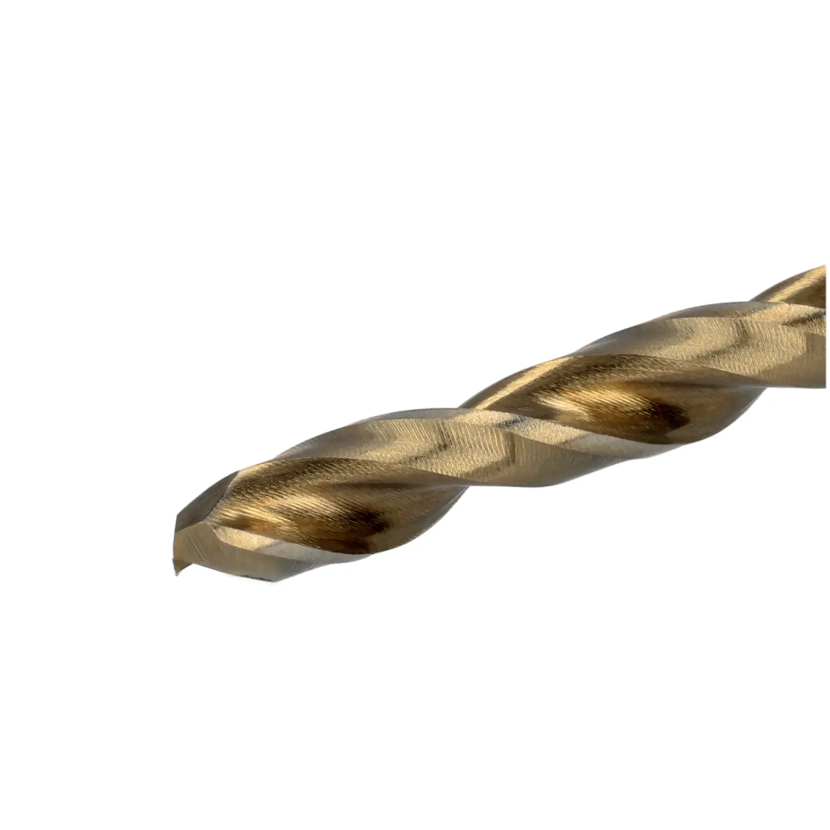 Close-up image of a metallic drill bit with a gold finish, showing the twisted design and pointed tip against a white background.