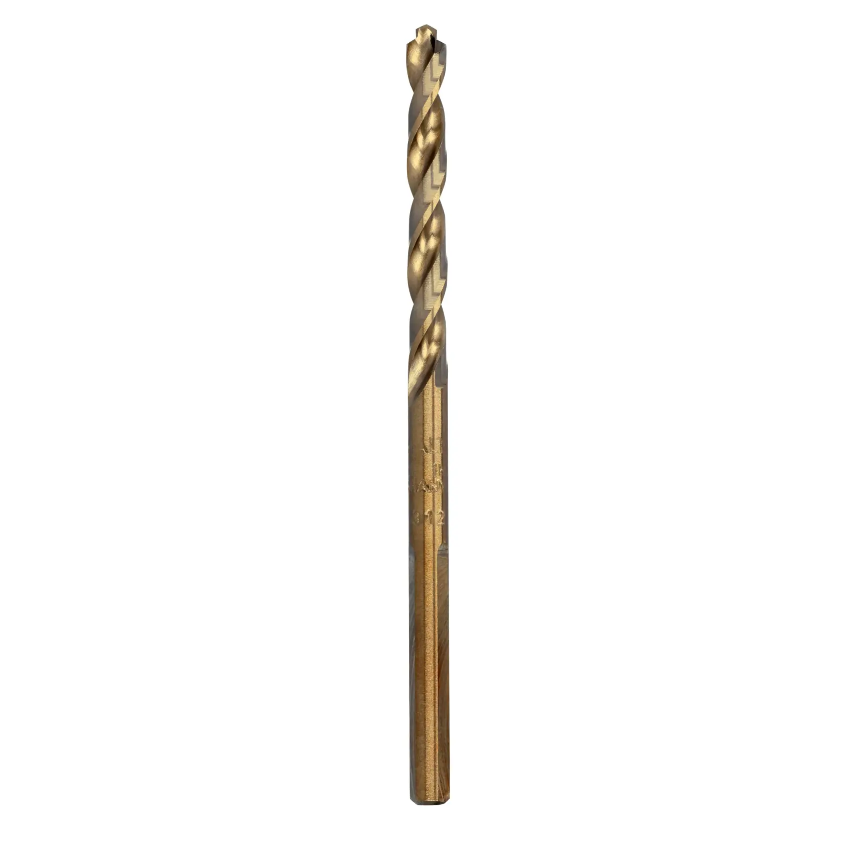 A single gold-colored DEWALT drill bit with a twisted design, shown on a white background.