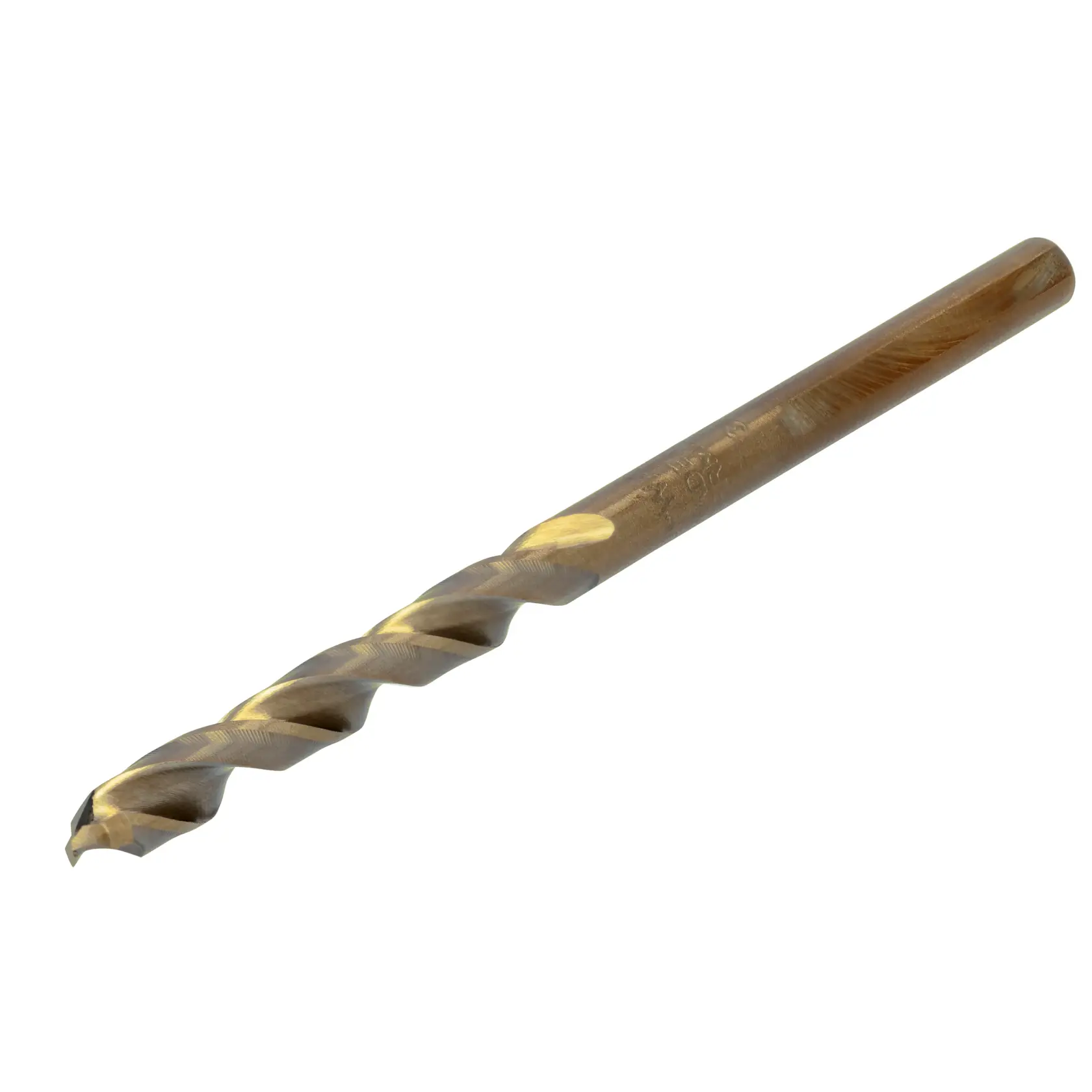 A single gold-colored spiral drill bit with a pointed tip, shown against a white background.