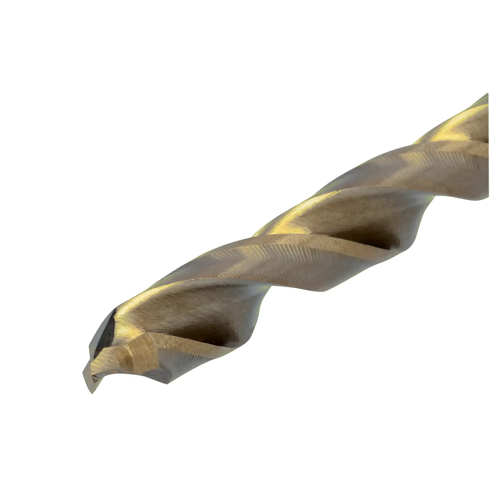 Close-up view of a DEWALT cobalt drill bit with a gold and silver finish, showing the cutting edges and spiral design.