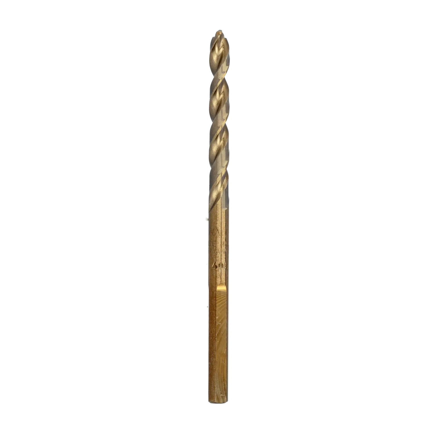A single gold-colored metal drill bit with a straight shank and spiral flutes, shown vertically against a white background.