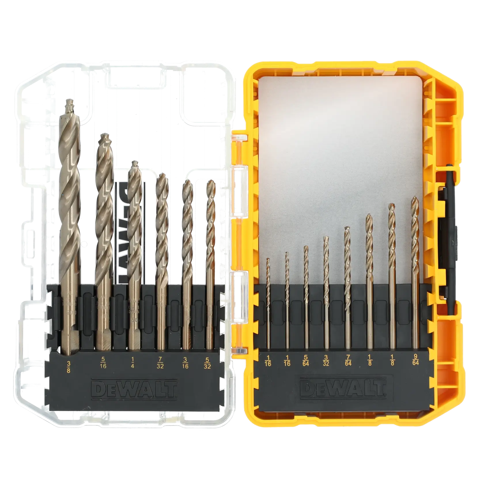 DEWALT drill bit set in a yellow and transparent plastic case. The set includes multiple metal drill bits of various sizes, neatly organized in two rows inside the open case.